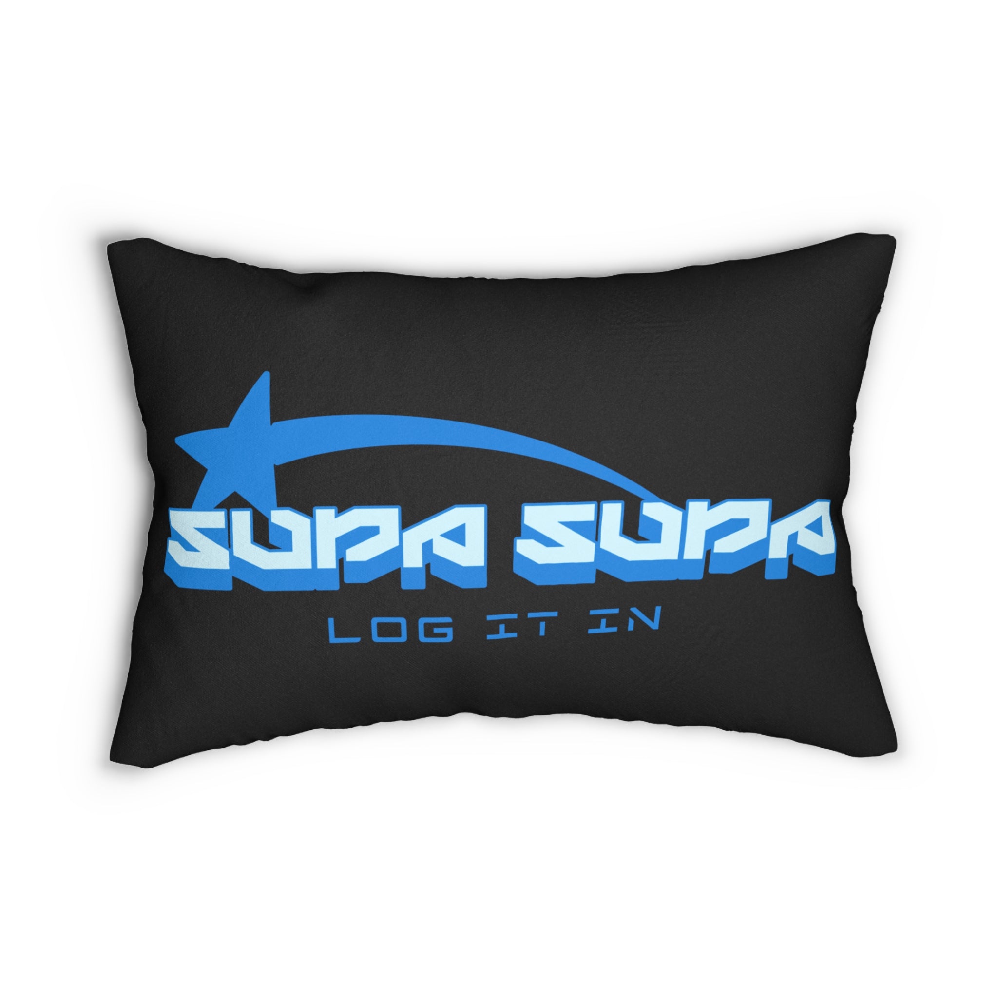Lumbar Pillow — “Supa Supa: Log It In” Blue Graphic