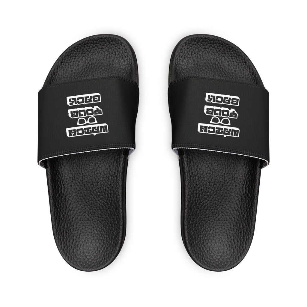 Mens Slide Sandals — Black Strap Slides with Retro "Watch your back" Logo