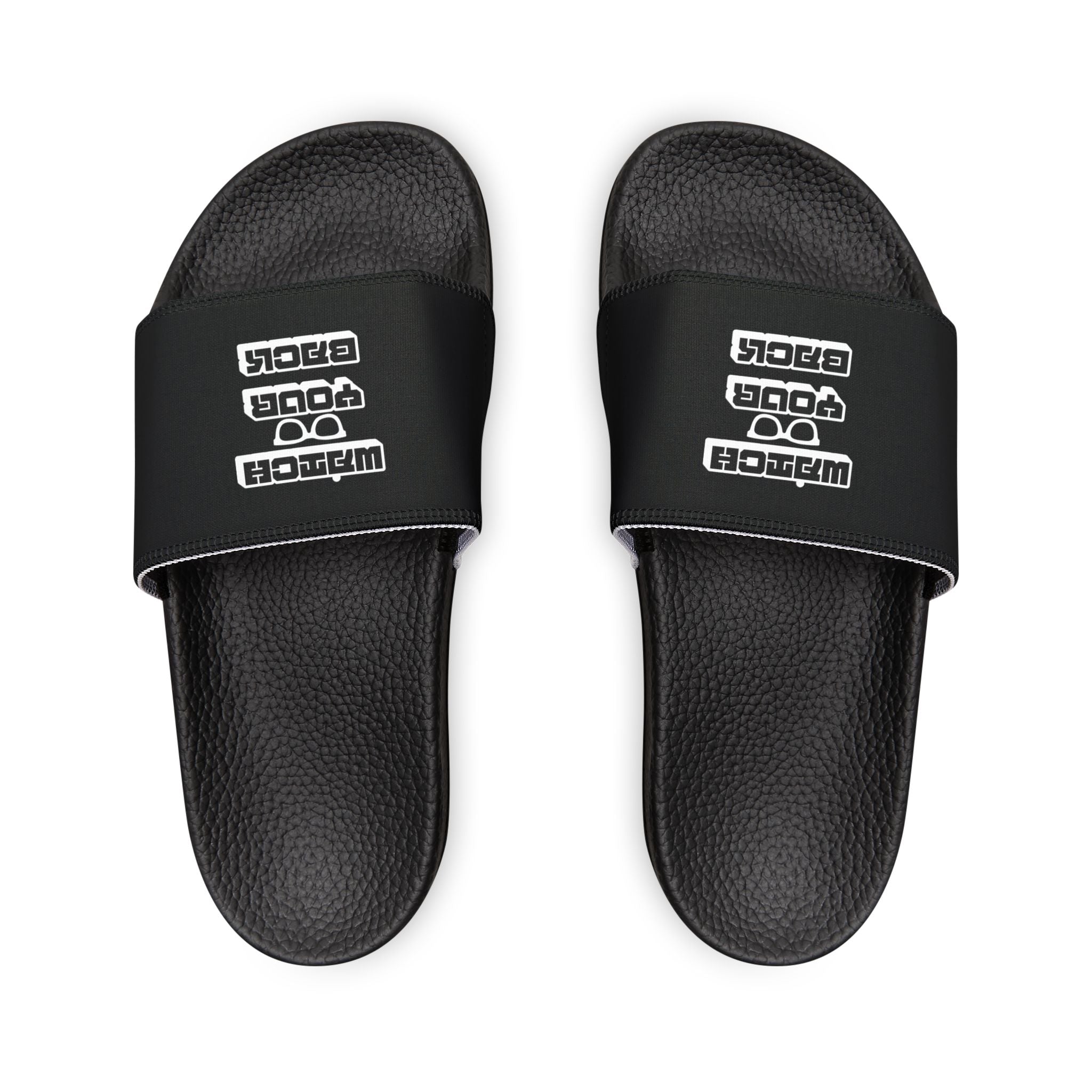 Mens Slide Sandals — Black Strap Slides with Retro "Watch your back" Logo