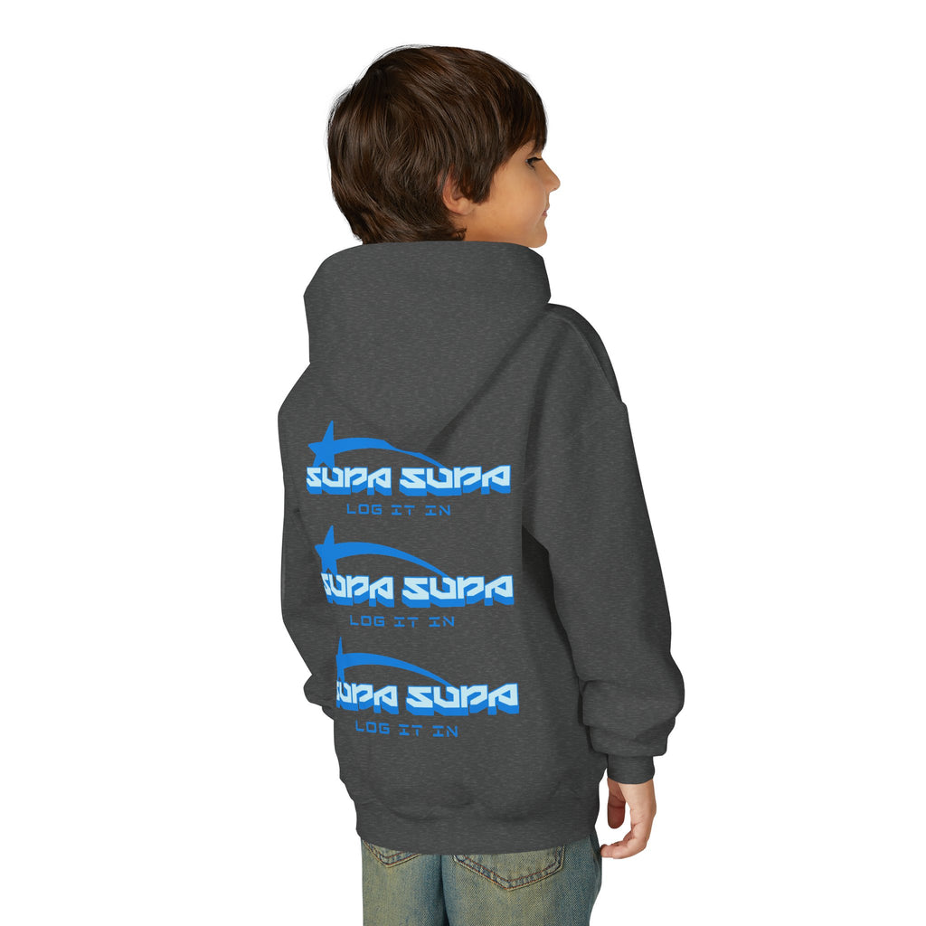 Youth Hoodie - Retro Blue "Supa Supa" Logo "Log It In" Graphic
