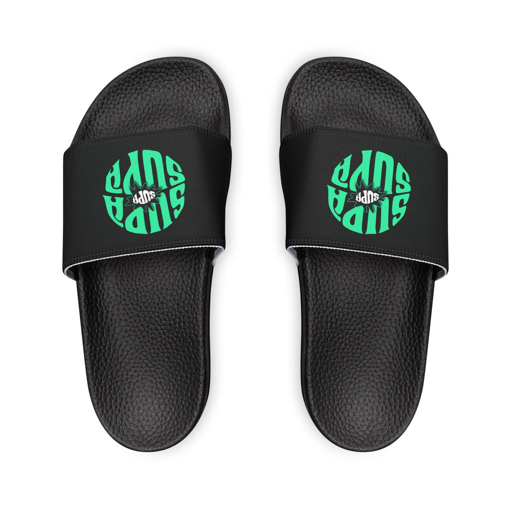 Slide Sandals — Supa Supa Removable‑Strap Slides with Aqua Circular 'Slides' Graphic