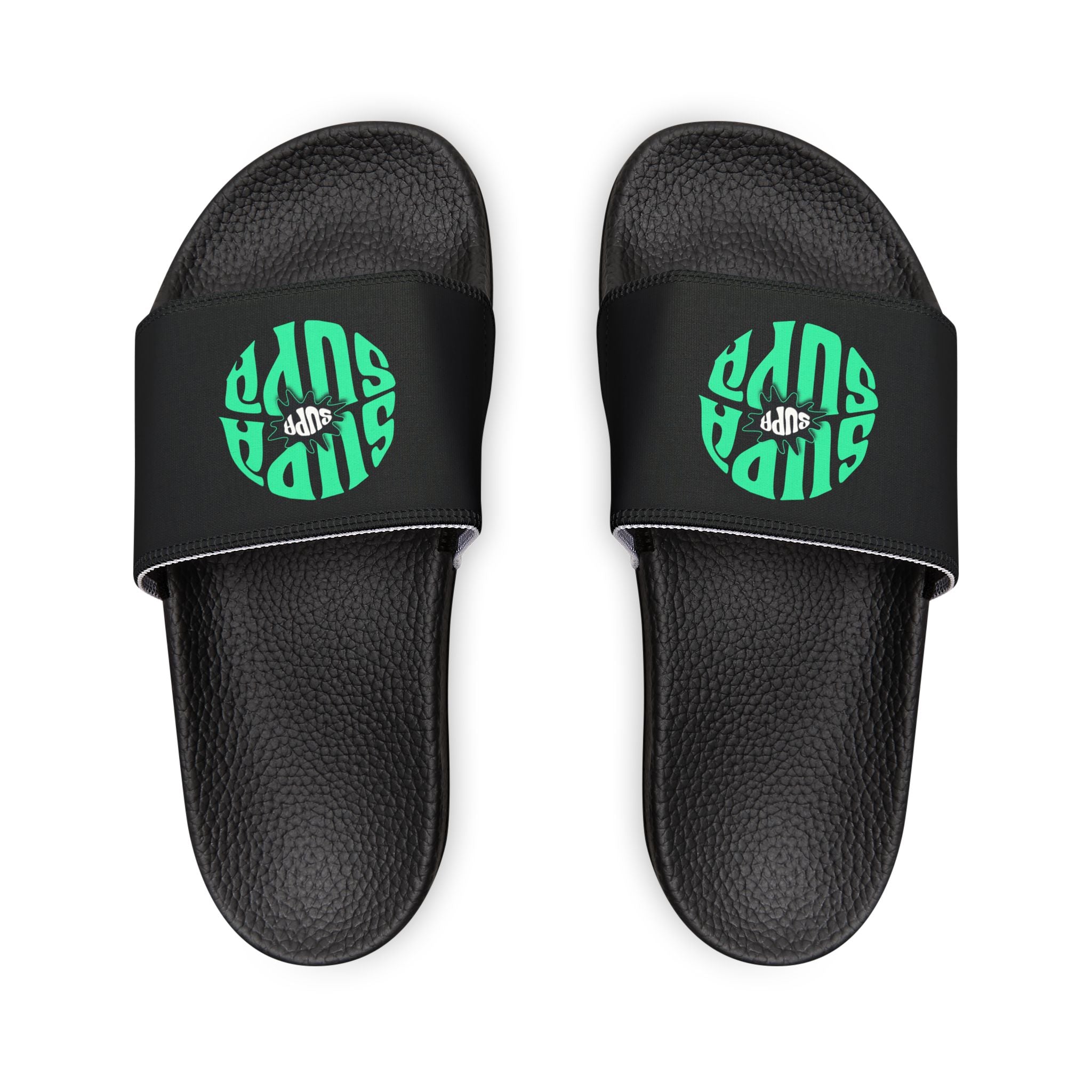 Slide Sandals — Supa Supa Removable‑Strap Slides with Aqua Circular 'Slides' Graphic