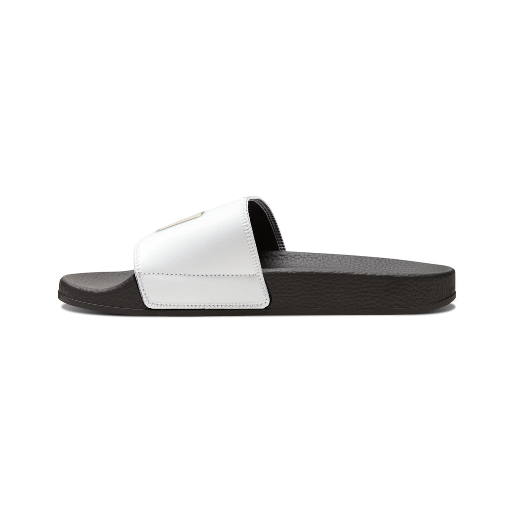 Mens Slide Sandals — White ‘Log it out’ Bold Graphic Strap Slides