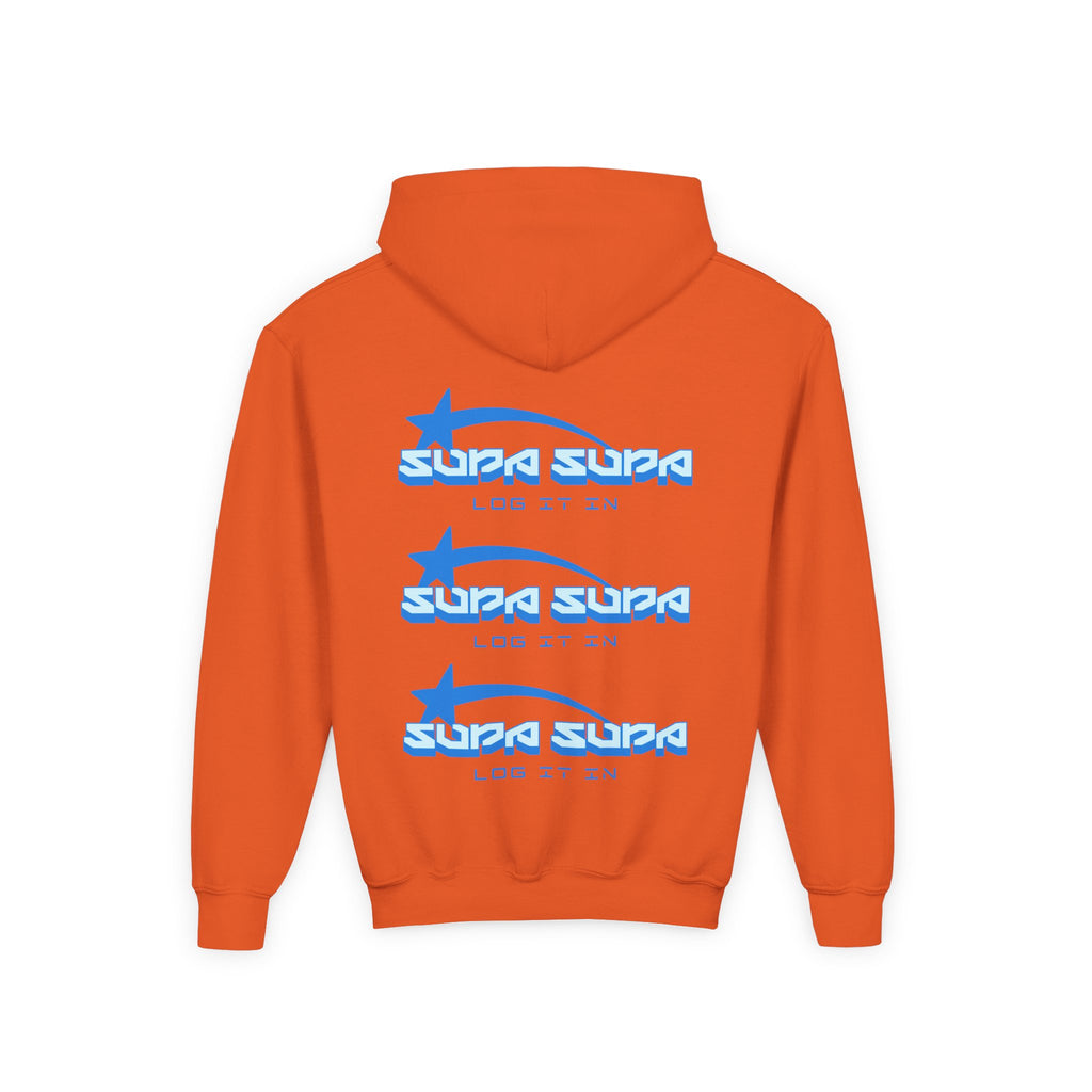 Youth Hoodie - Retro Blue "Supa Supa" Logo "Log It In" Graphic
