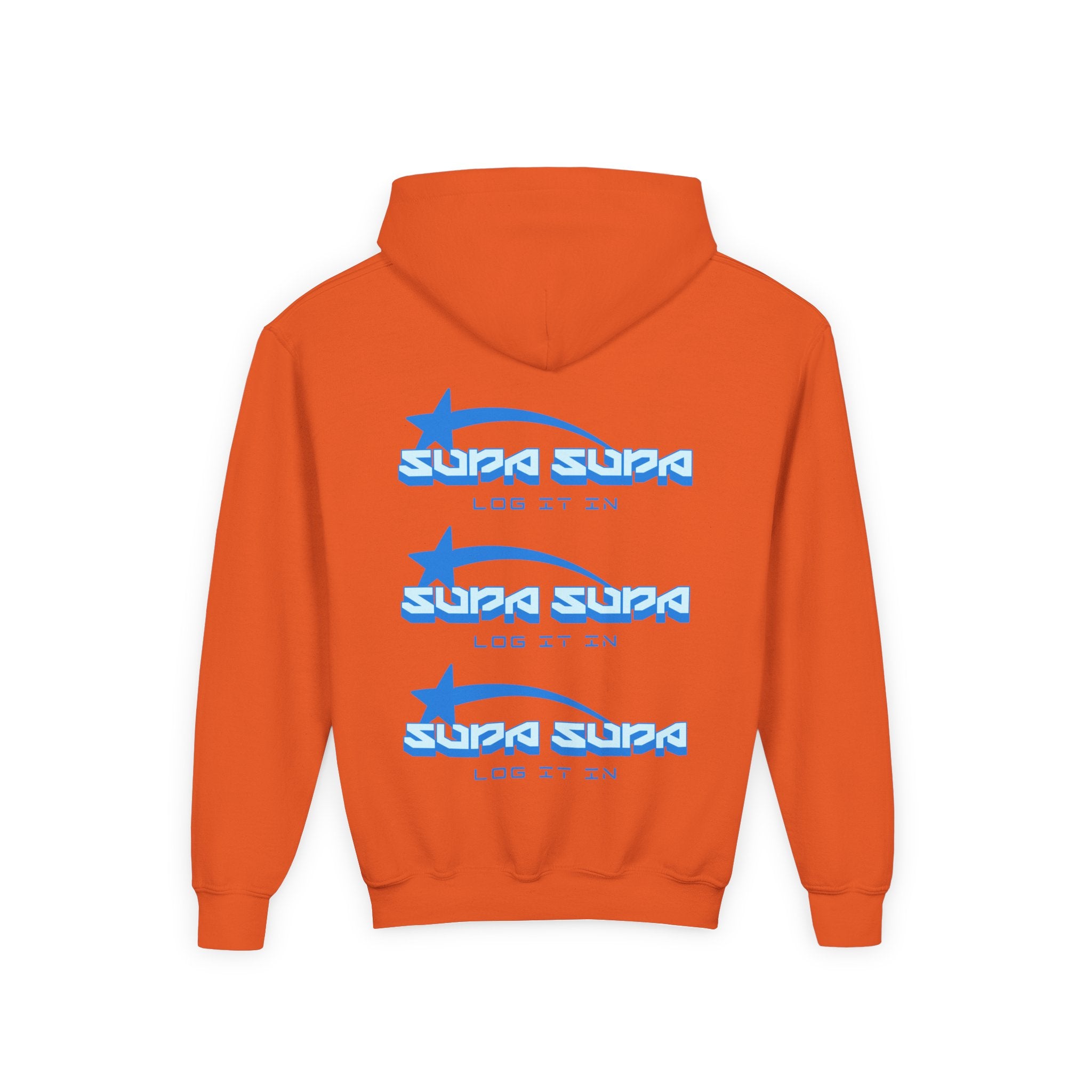 Youth Hoodie - Retro Blue "Supa Supa" Logo "Log It In" Graphic