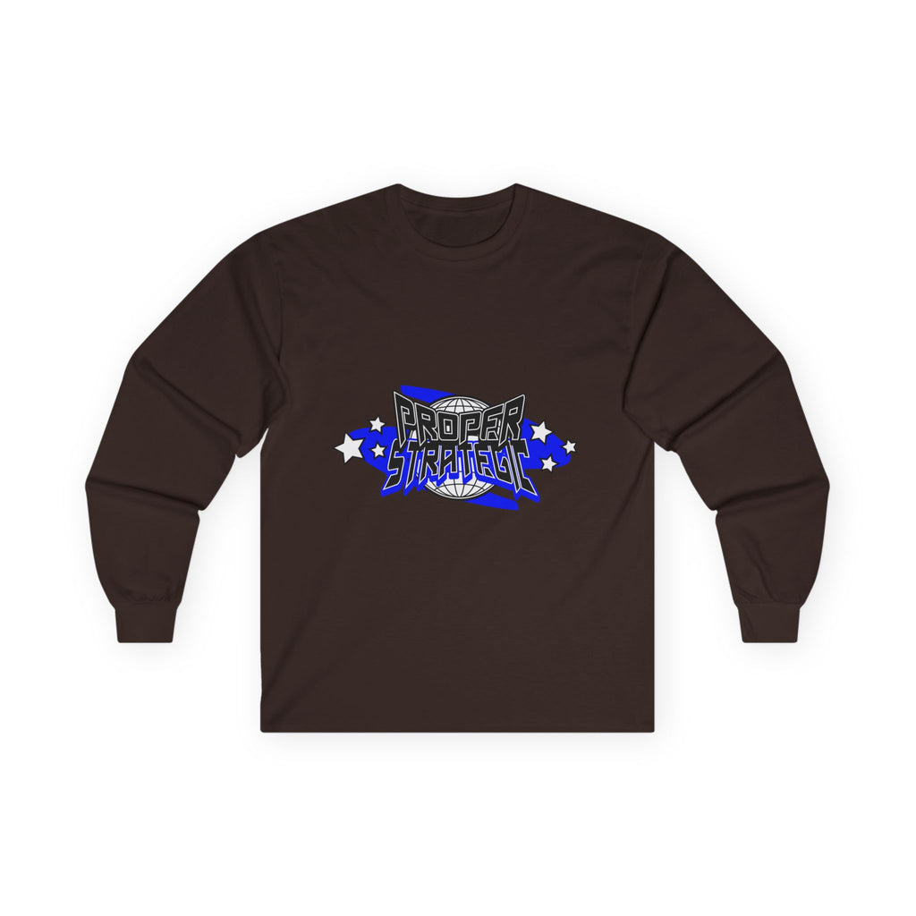 Proper Strategic Long Sleeve Tee — Retro Blue Graphic Shirt for Gamers & Strategists