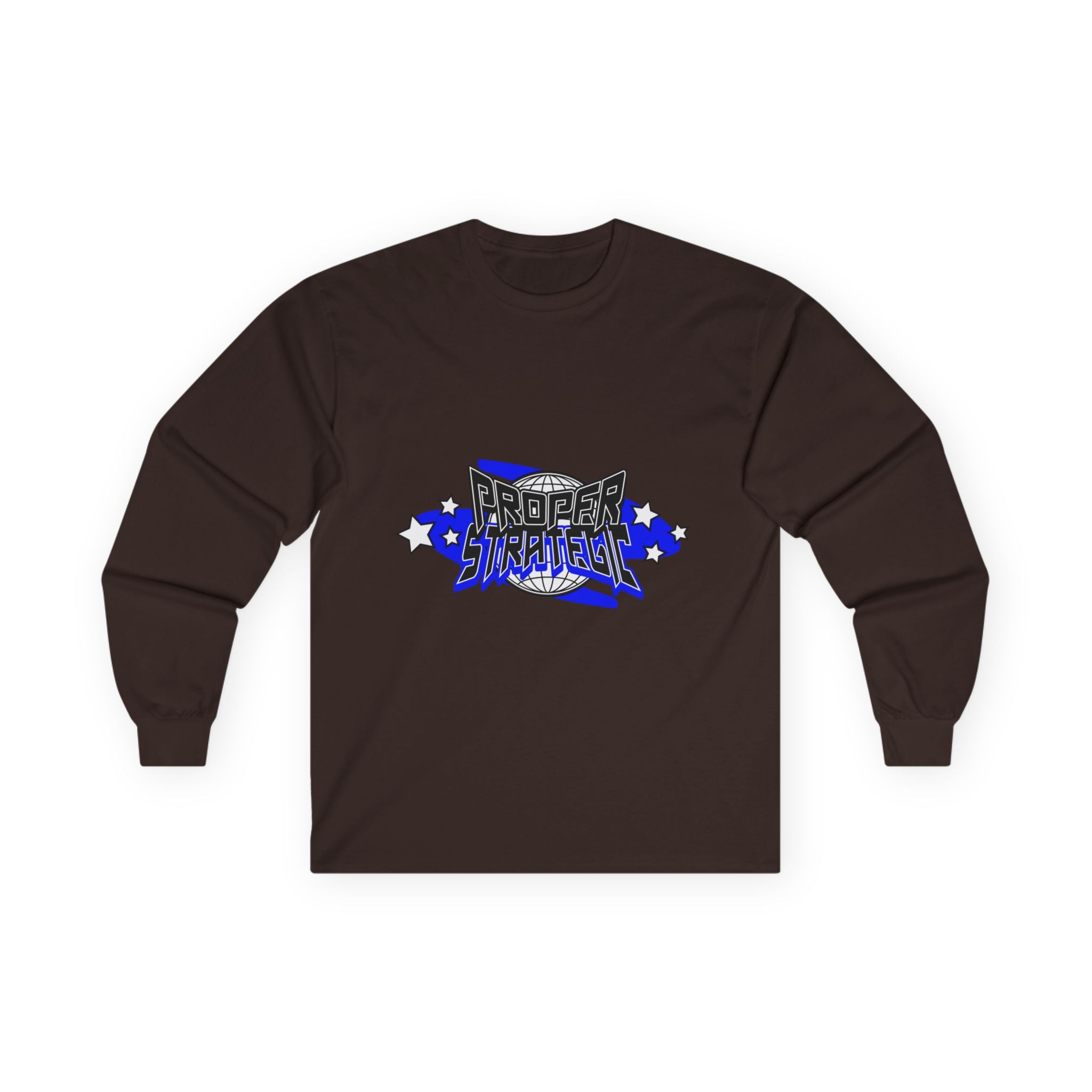 Proper Strategic Long Sleeve Tee — Retro Blue Graphic Shirt for Gamers & Strategists