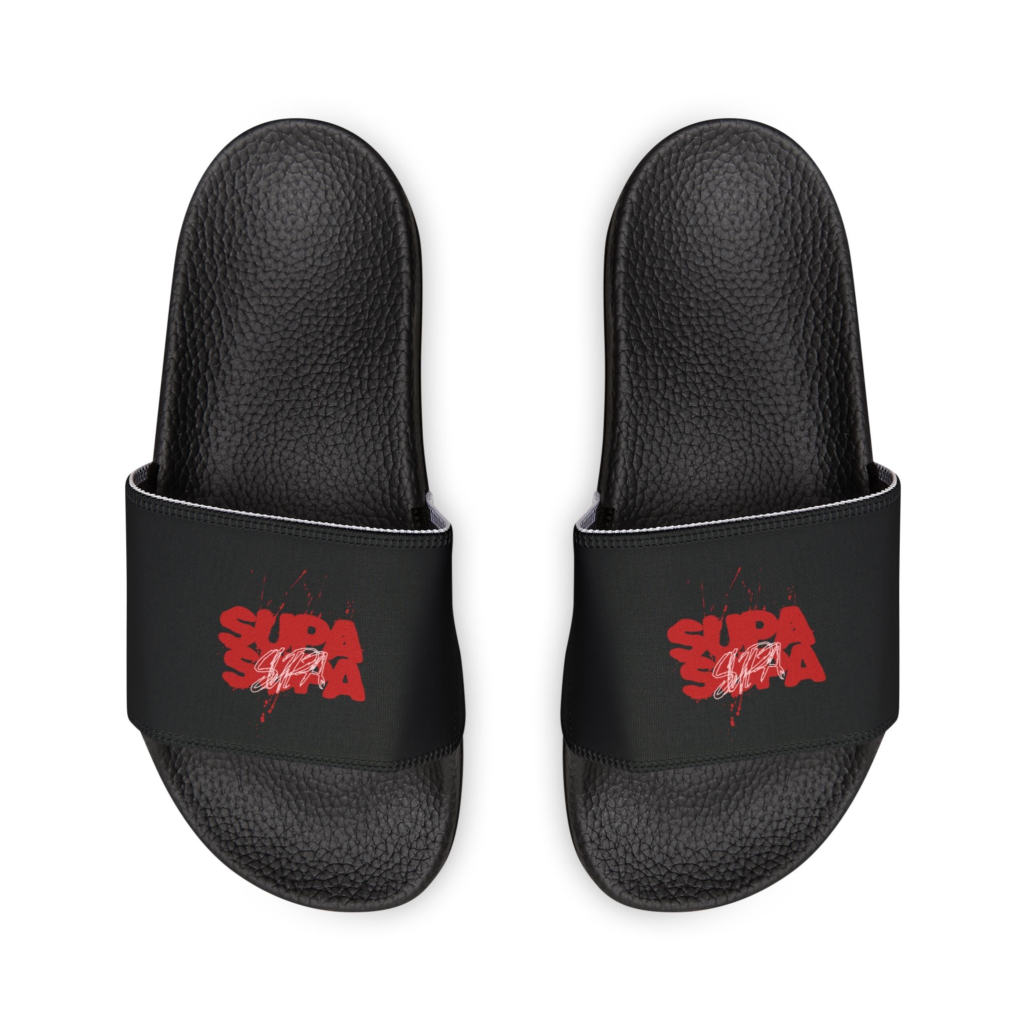Slide Sandals — Black Strap with Red Graffiti "SUPA SUPA" Design
