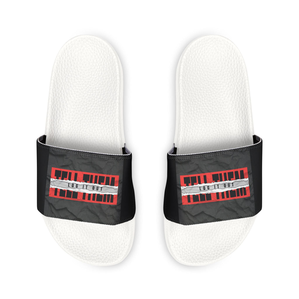 Women's Removable-Strap Slide Sandals — White Casual Slides with "LOG IT OUT" Graphic