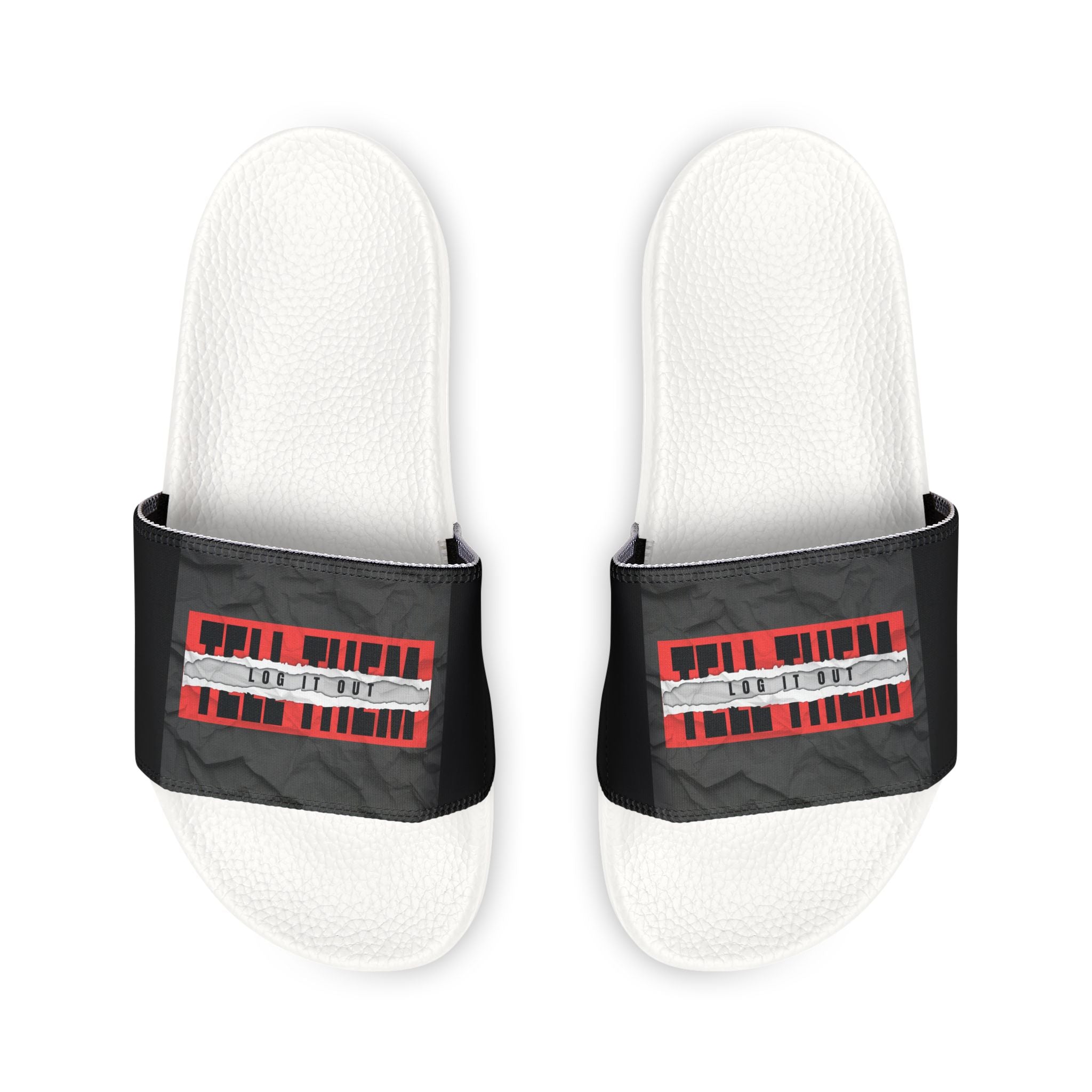 Women's Removable-Strap Slide Sandals — White Casual Slides with "LOG IT OUT" Graphic