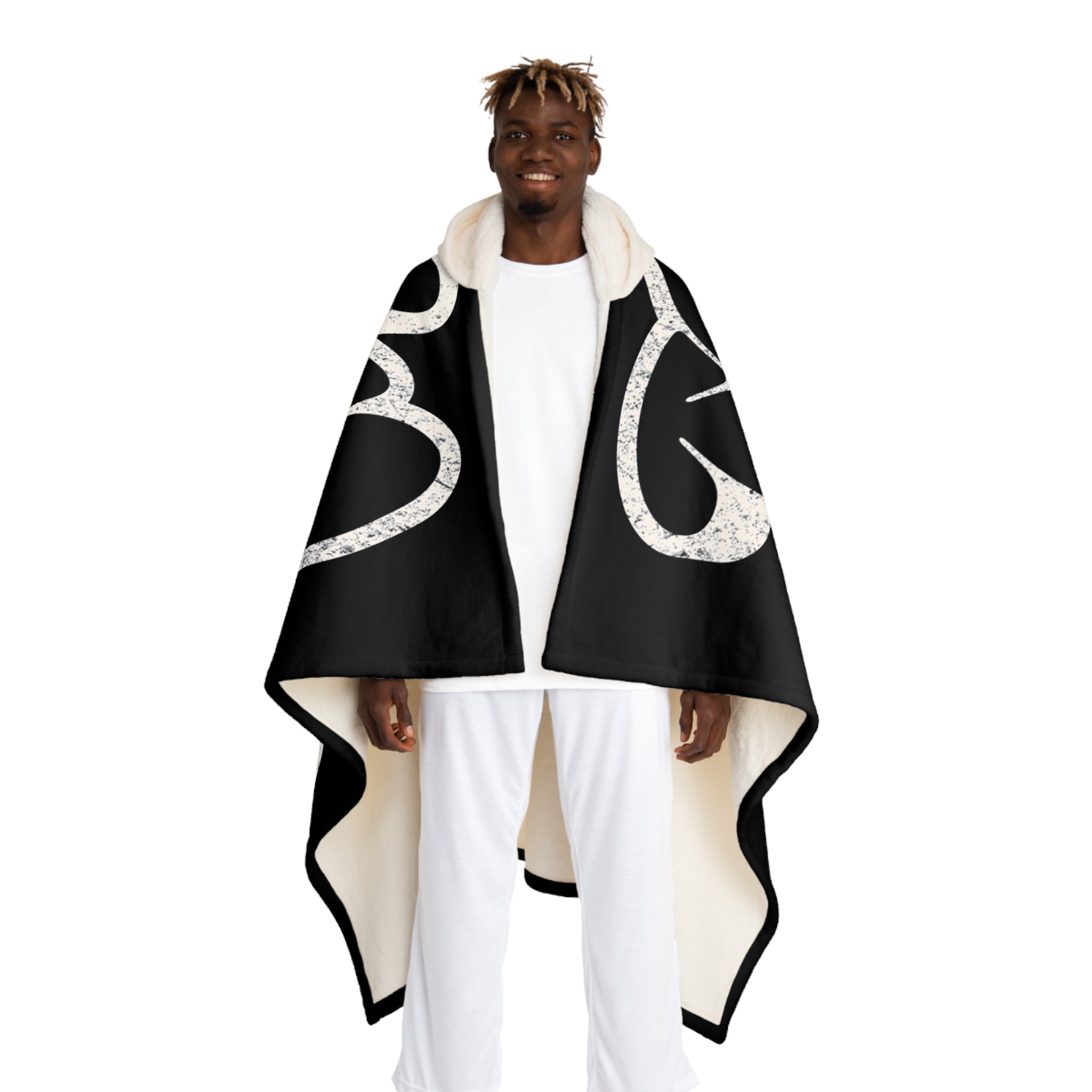 Hooded Sherpa Fleece Blanket — Log it in Cream Throw with Bold Black Heart Motif