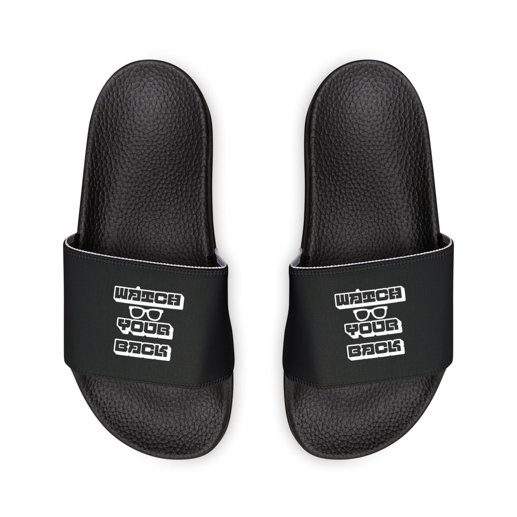 Mens Slide Sandals — Black Strap Slides with Retro "Watch your back" Logo