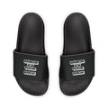 Mens Slide Sandals — Black Strap Slides with Retro "Watch your back" Logo