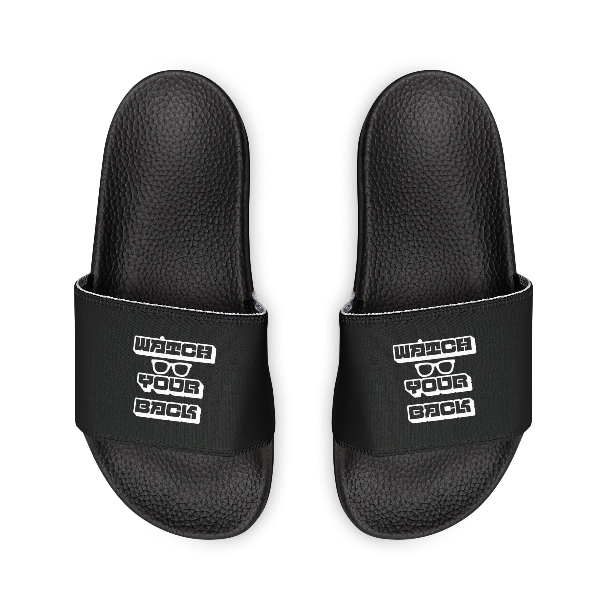 Mens Slide Sandals — Black Strap Slides with Retro "Watch your back" Logo