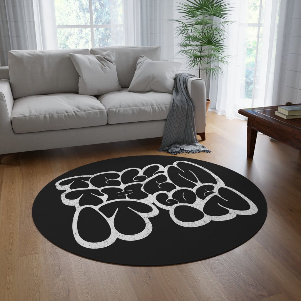 Round Rug — Retro Bubble Text 'Tell Them Log it in' Black Accent Rug