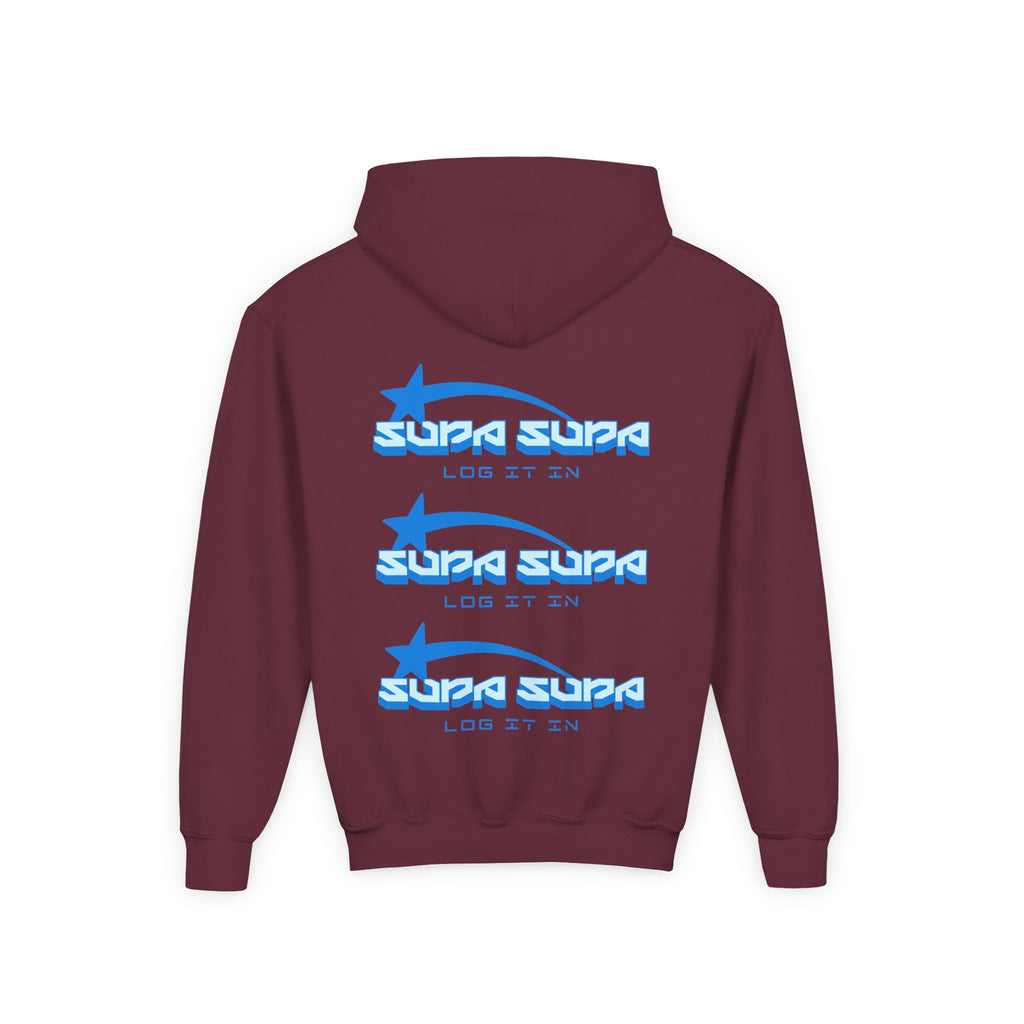 Youth Hoodie - Retro Blue "Supa Supa" Logo "Log It In" Graphic