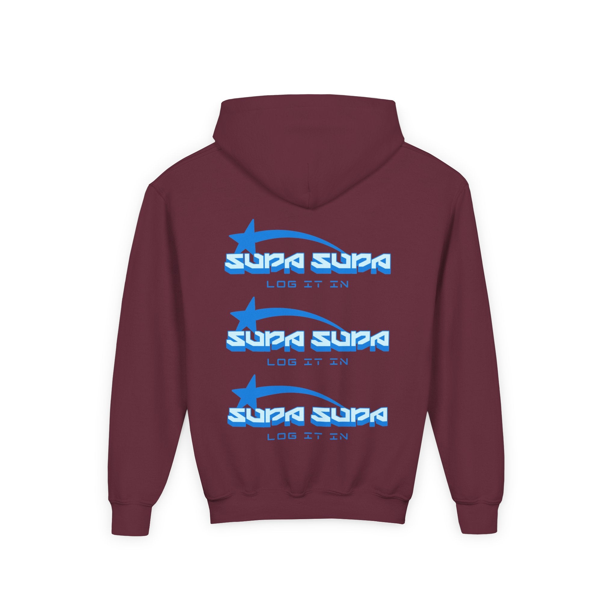 Youth Hoodie - Retro Blue "Supa Supa" Logo "Log It In" Graphic