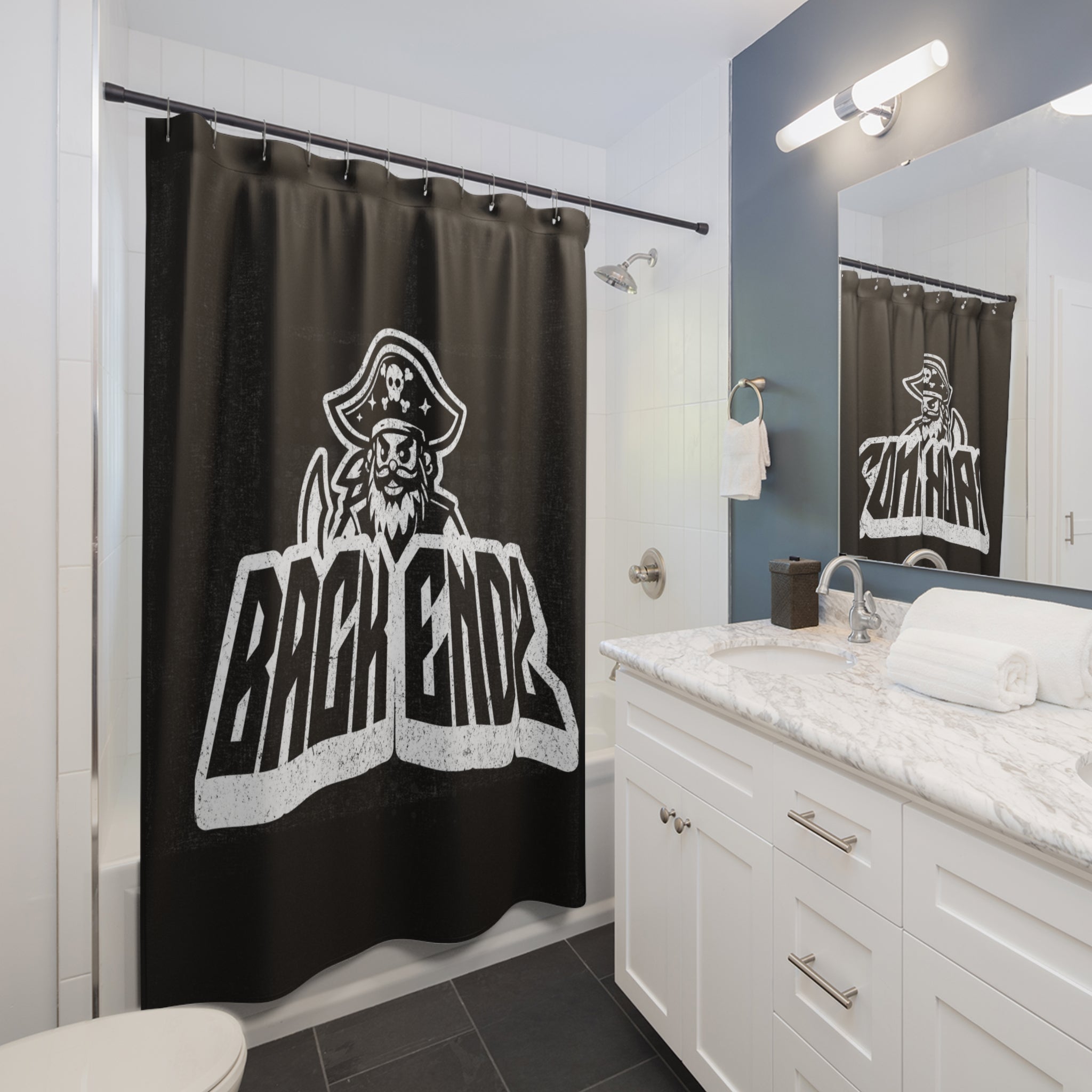 Pirate Skull 'Back Endz' Shower Curtain — Gothic Black Bathroom Decor