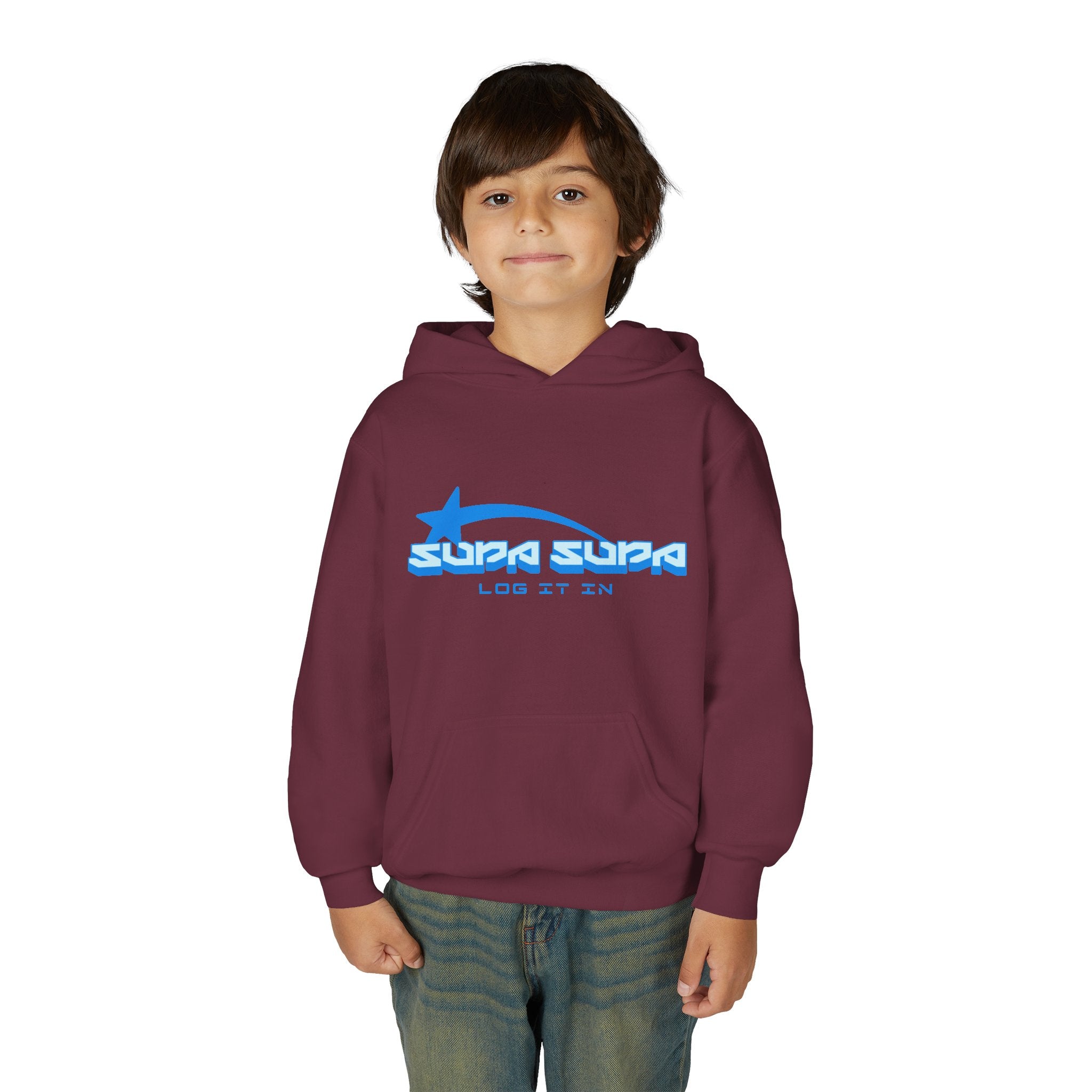 Youth Hoodie - Retro Blue "Supa Supa" Logo "Log It In" Graphic