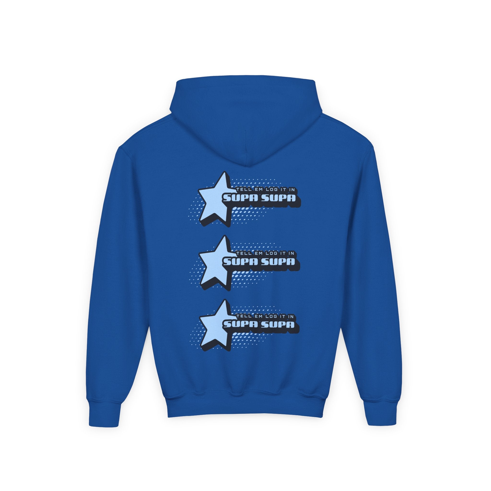 Youth Hoodie — Blue Star "SUPA SUPA" Graphic Pullover