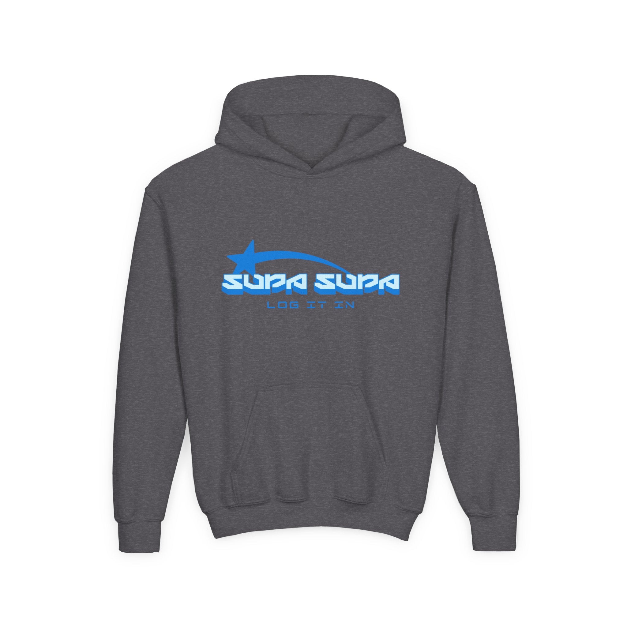 Youth Hoodie - Retro Blue "Supa Supa" Logo "Log It In" Graphic