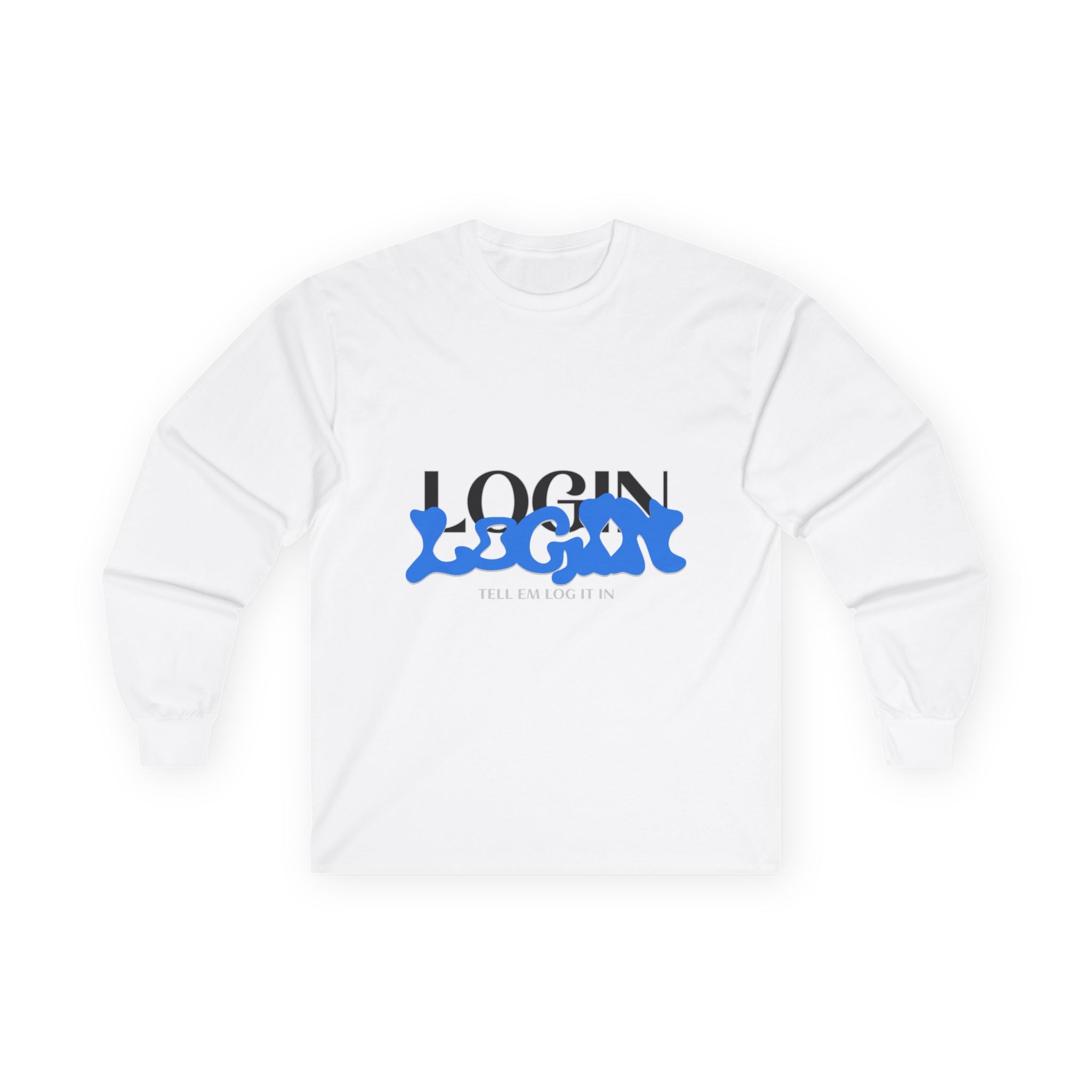 Long Sleeve Tee — "Login" Blue Script Graphic