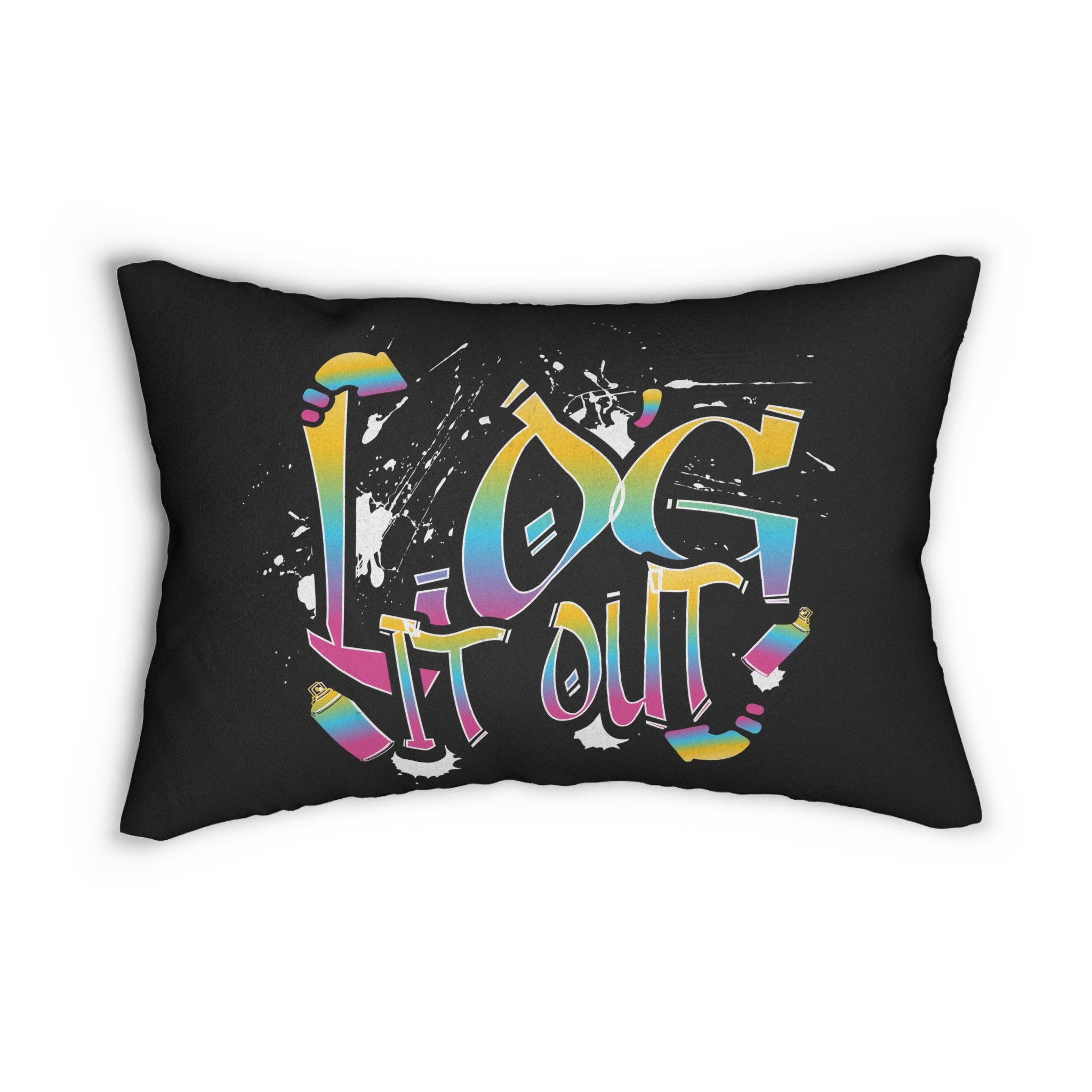 Lumbar Pillow — "Log It Out" Colorful Graffiti Typography (Spun Polyester)