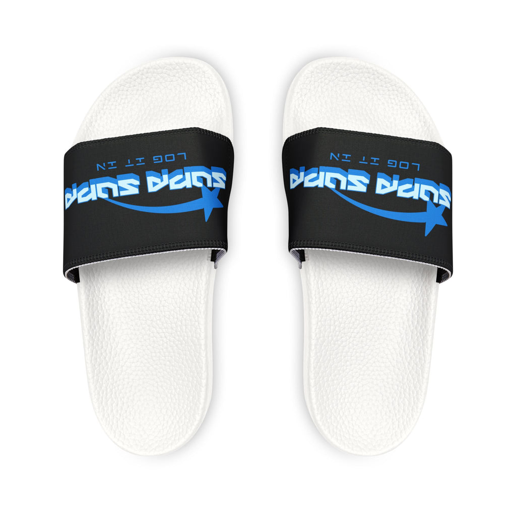 Youth Slide Sandals — Black Strap with Blue “SUPA SUPA” Logo