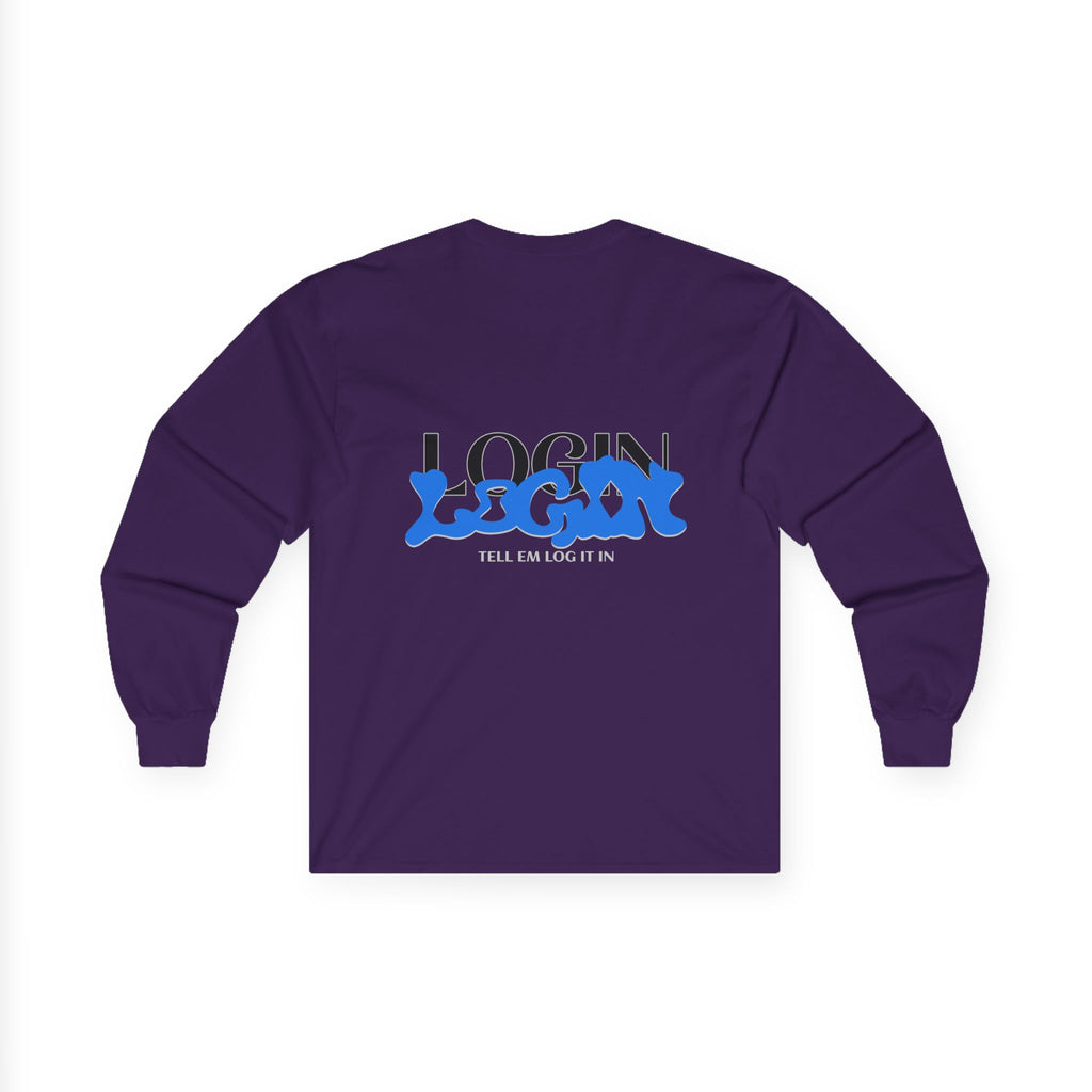 Long Sleeve Tee — "Login" Blue Script Graphic
