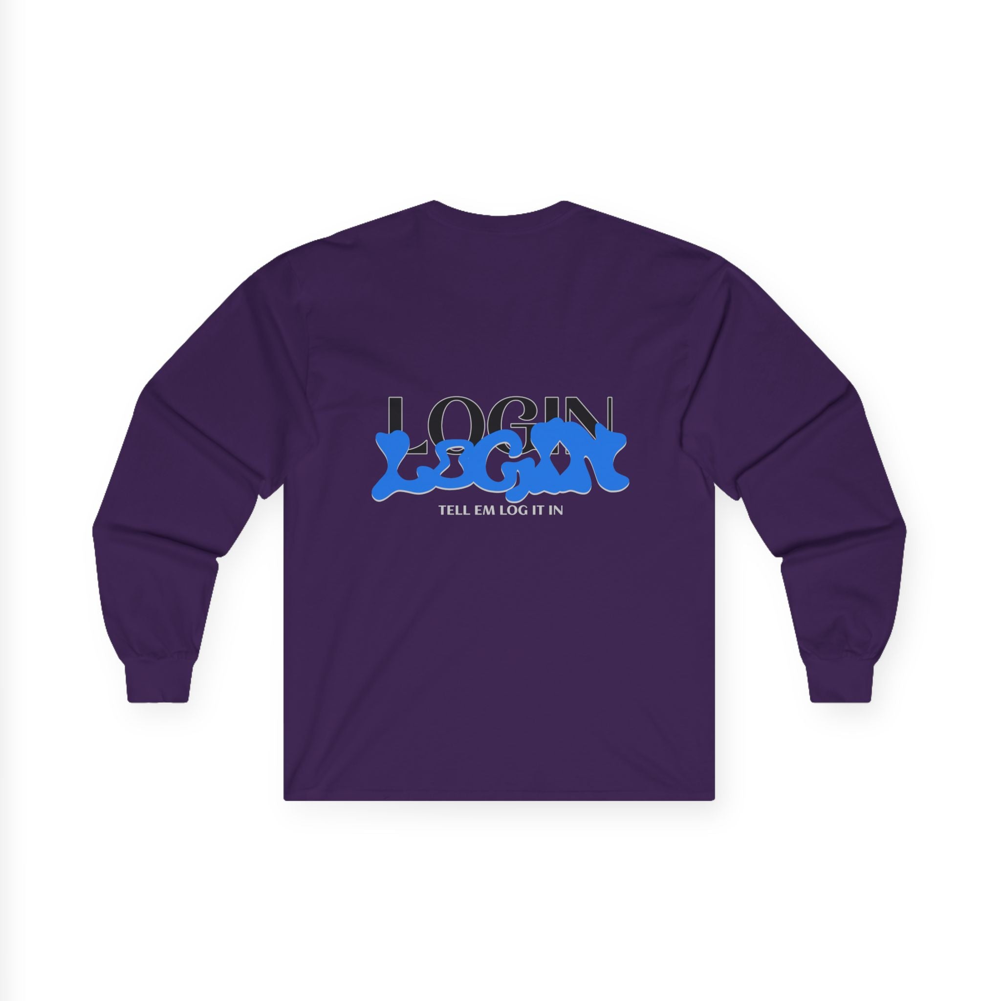 Long Sleeve Tee — "Login" Blue Script Graphic