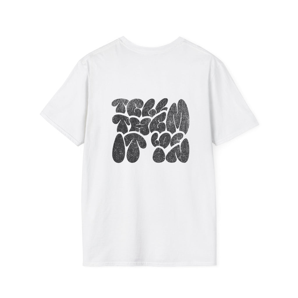 Abstract Bubble Letter Graphic "LOG IT IN" T-Shirt — Vintage Black Text Design