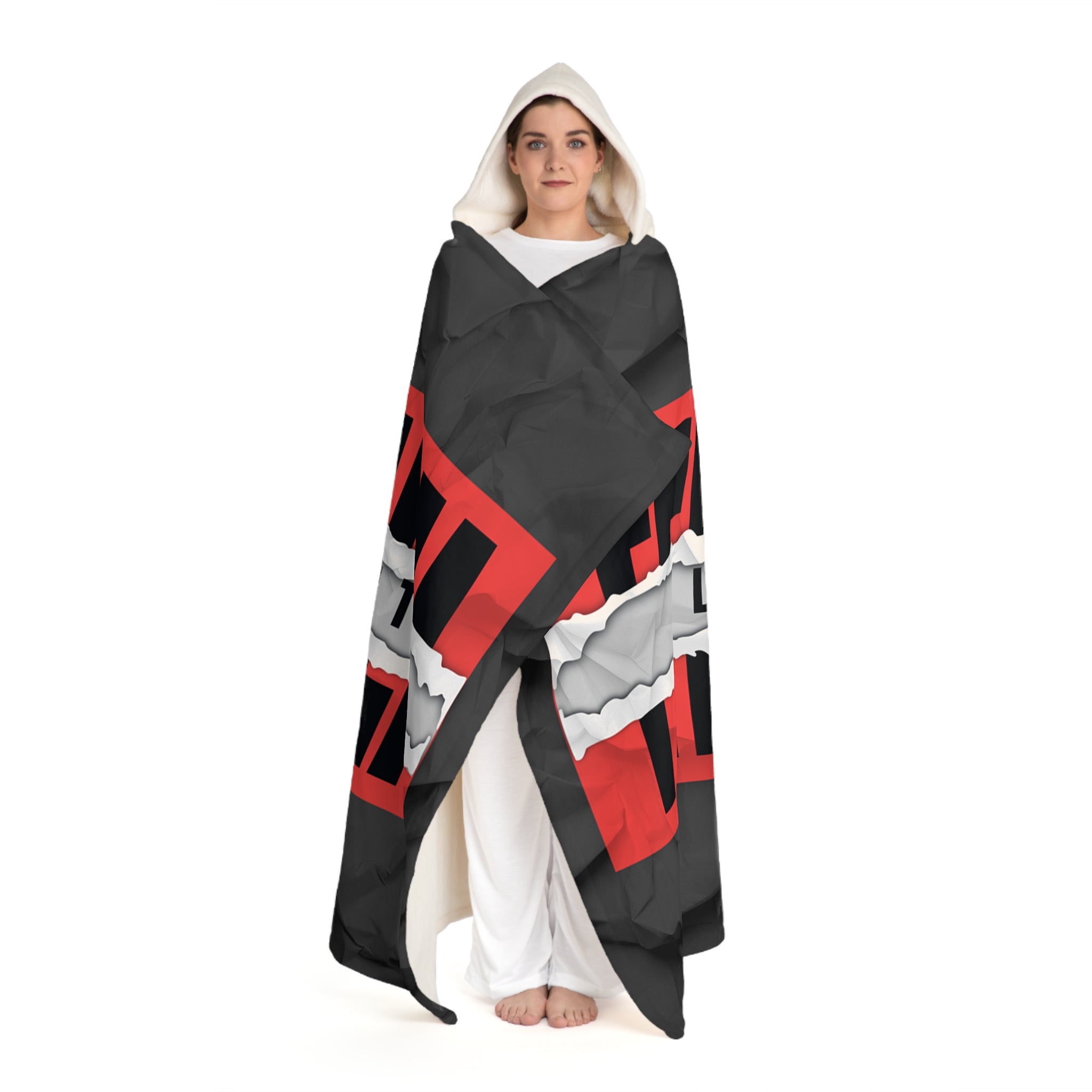 Hooded Sherpa Blanket — Bold Red & Black "LOG IT OUT" Graphic
