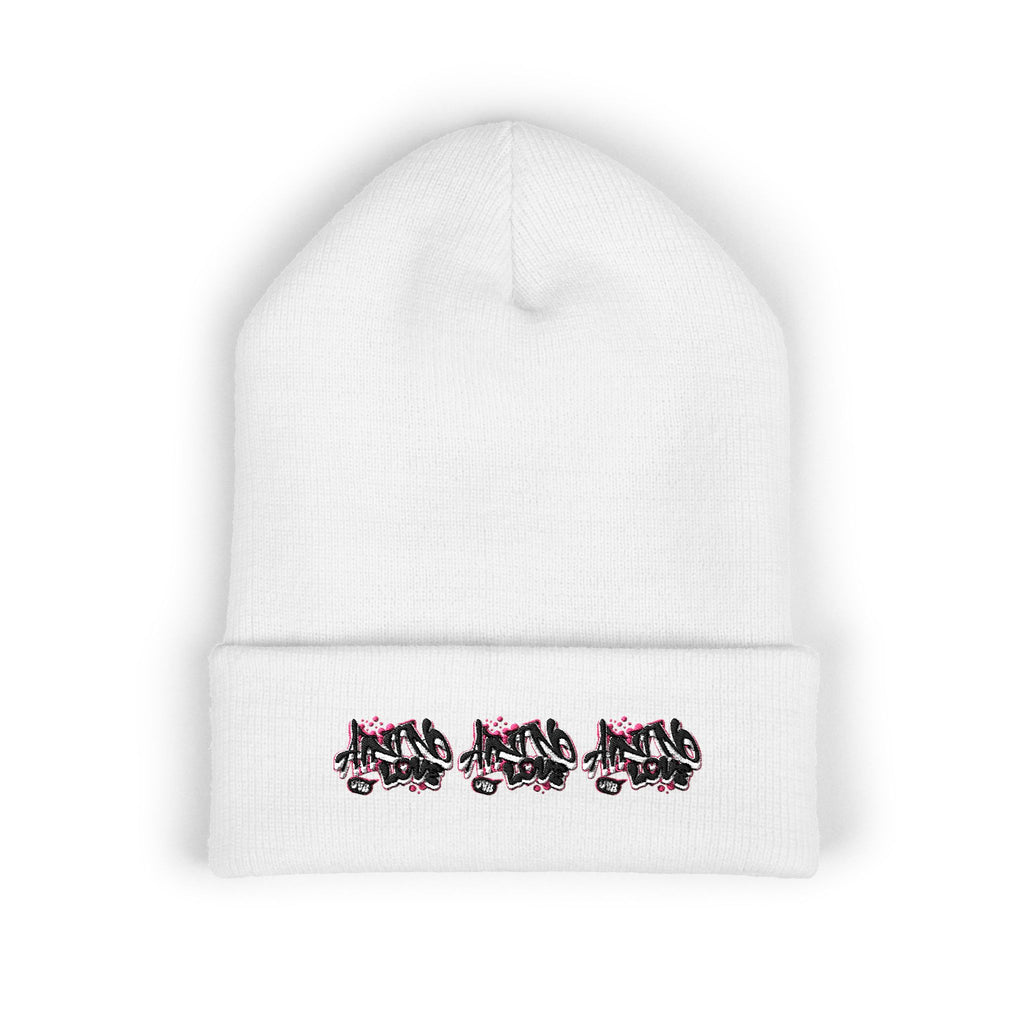 Embroidered Floral Beanie — "NO LOVE" Cuffed Knit Hat