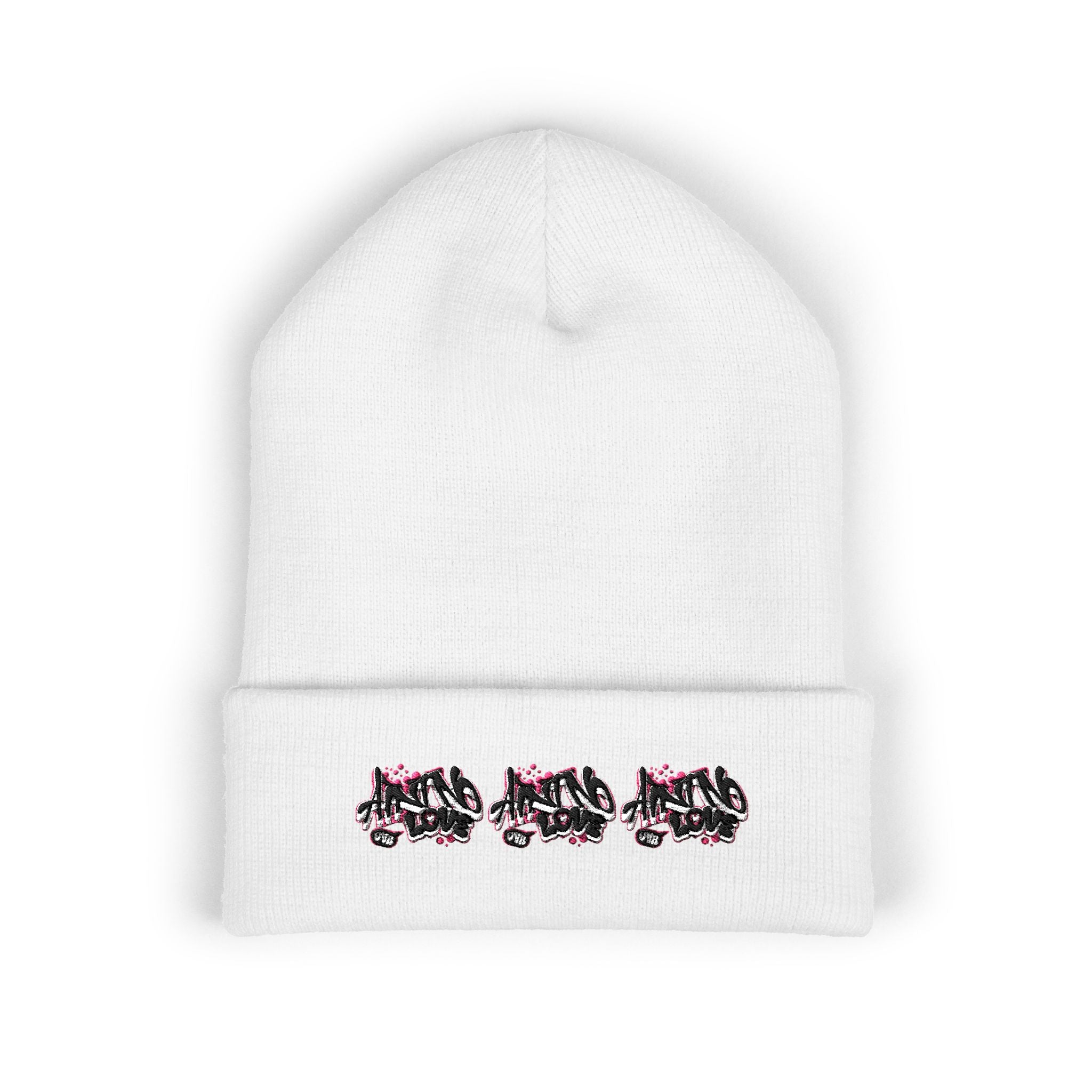 Embroidered Floral Beanie — "NO LOVE" Cuffed Knit Hat