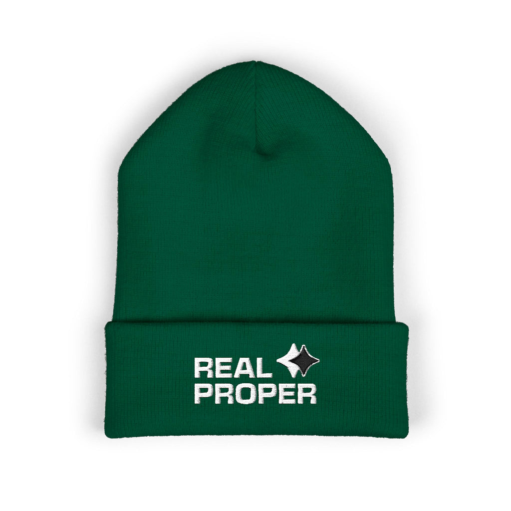 Embroidered 'Real Proper' Cuffed Beanie — Warm Knit Hat for Streetwear & Gifts