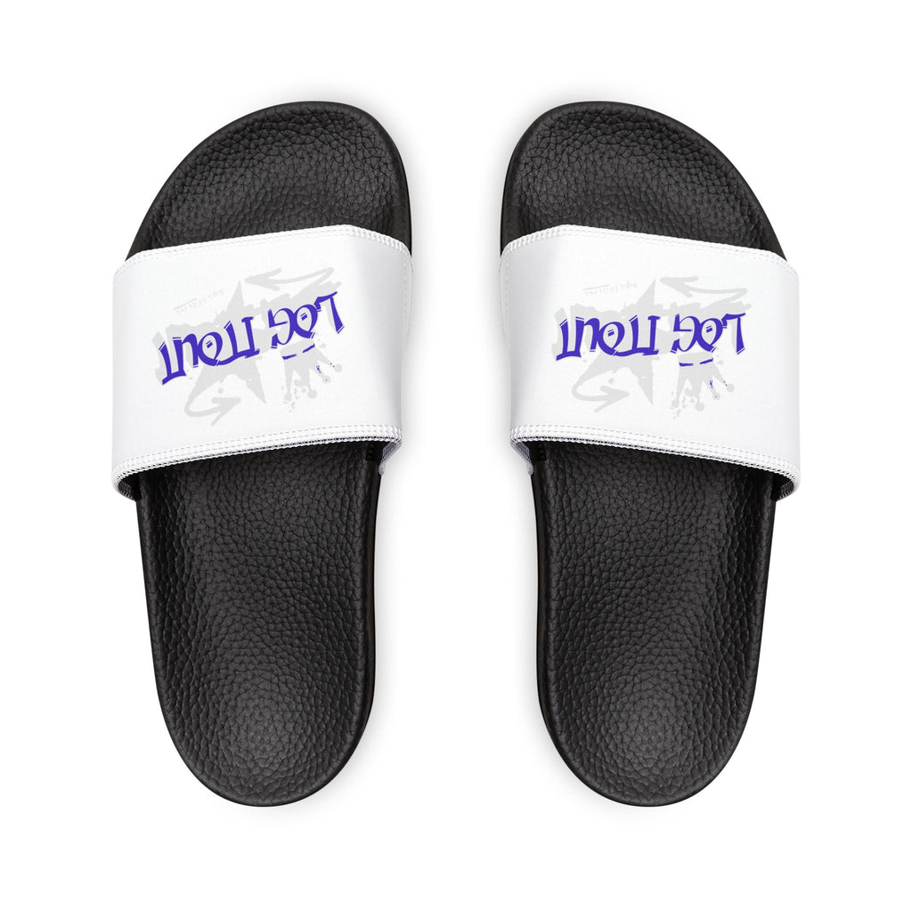 Men's Slide Sandals — White Removable-Strap Slides with 'Log it out' Graphic