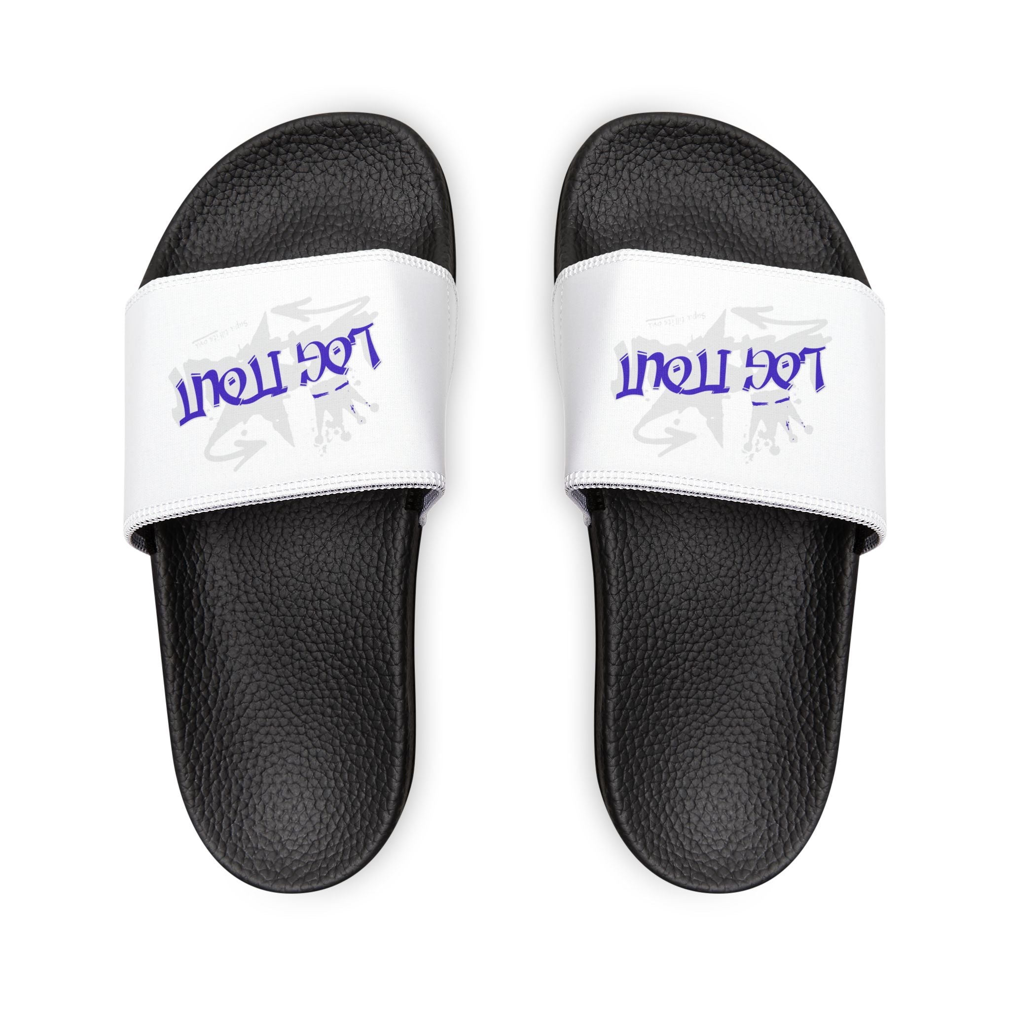 Men's Slide Sandals — White Removable-Strap Slides with 'Log it out' Graphic
