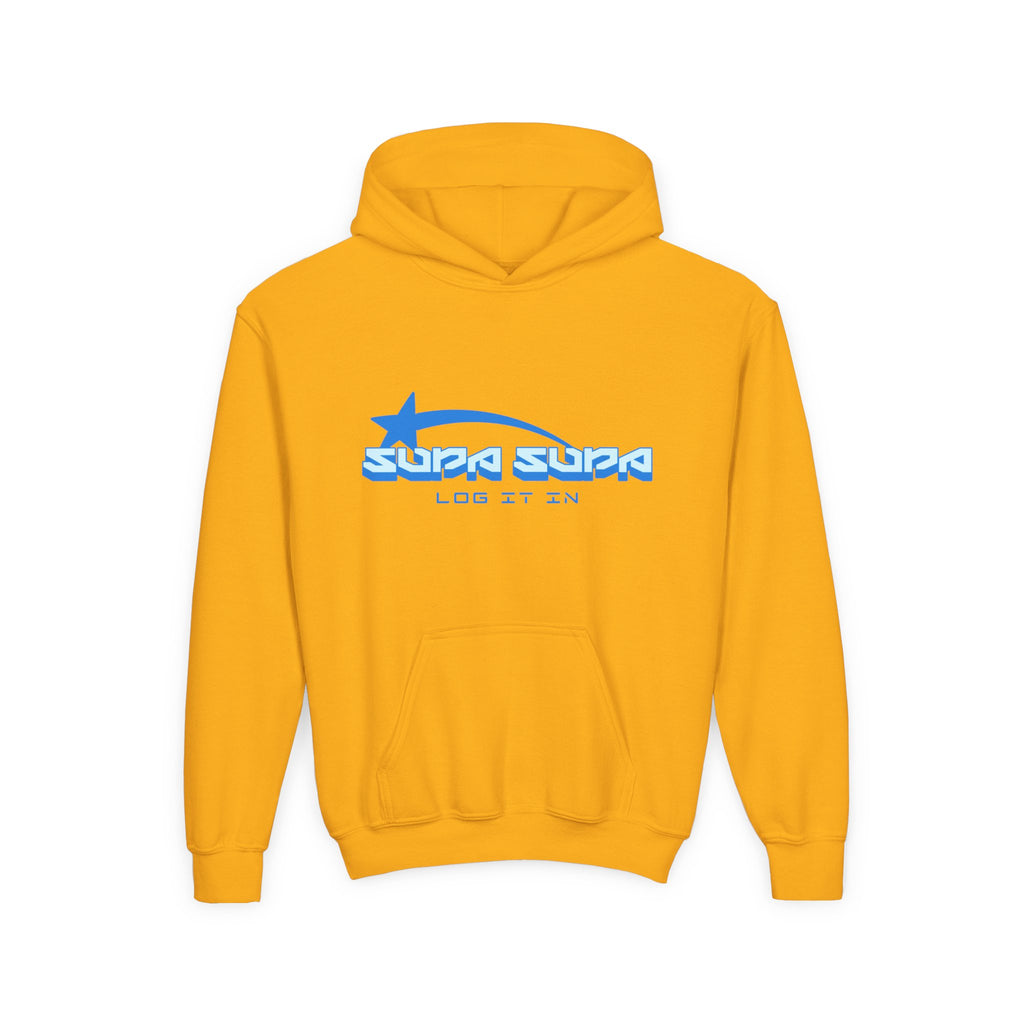 Youth Hoodie - Retro Blue "Supa Supa" Logo "Log It In" Graphic