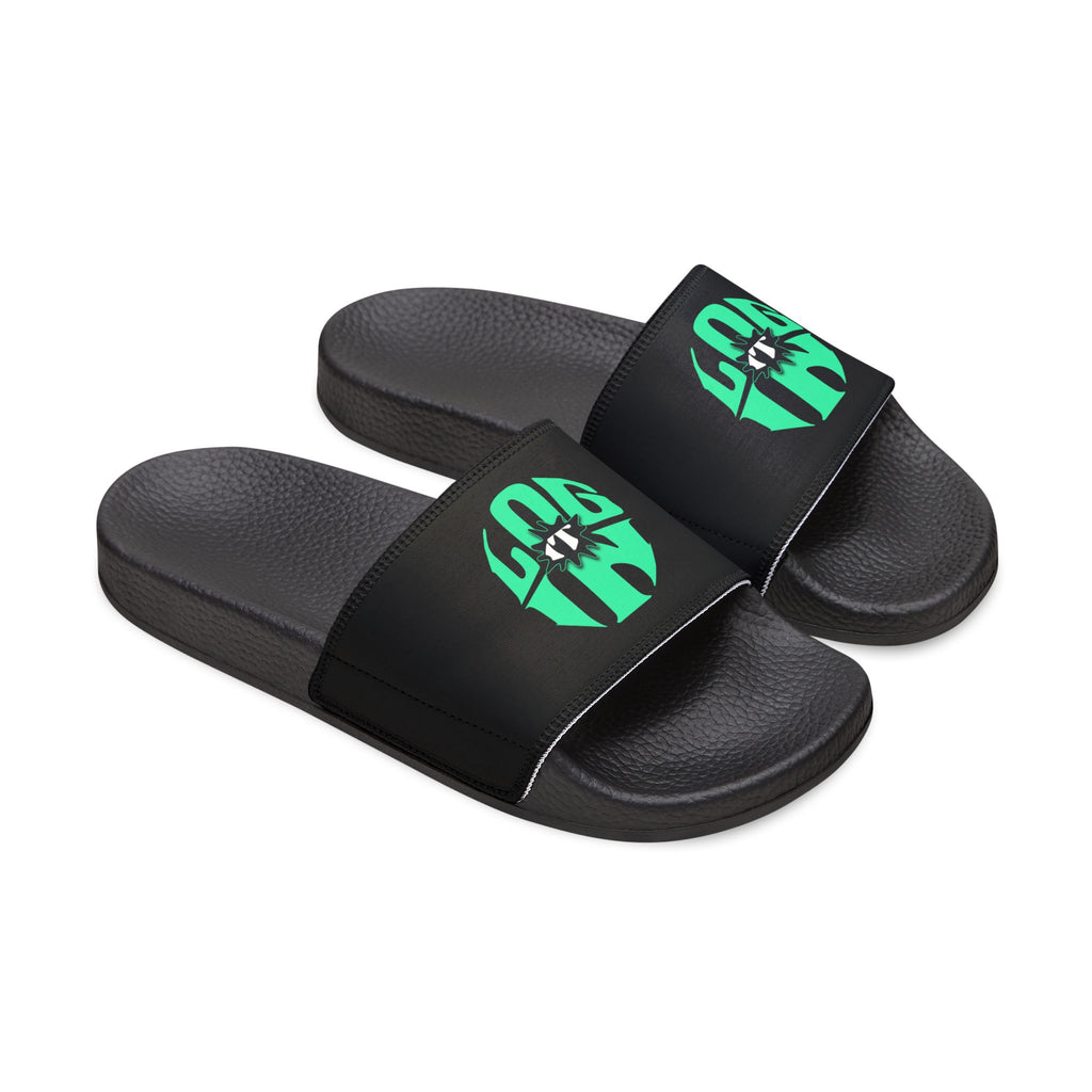 Slide Sandals — Women's White Removable-Strap Slides with Aqua Log it in