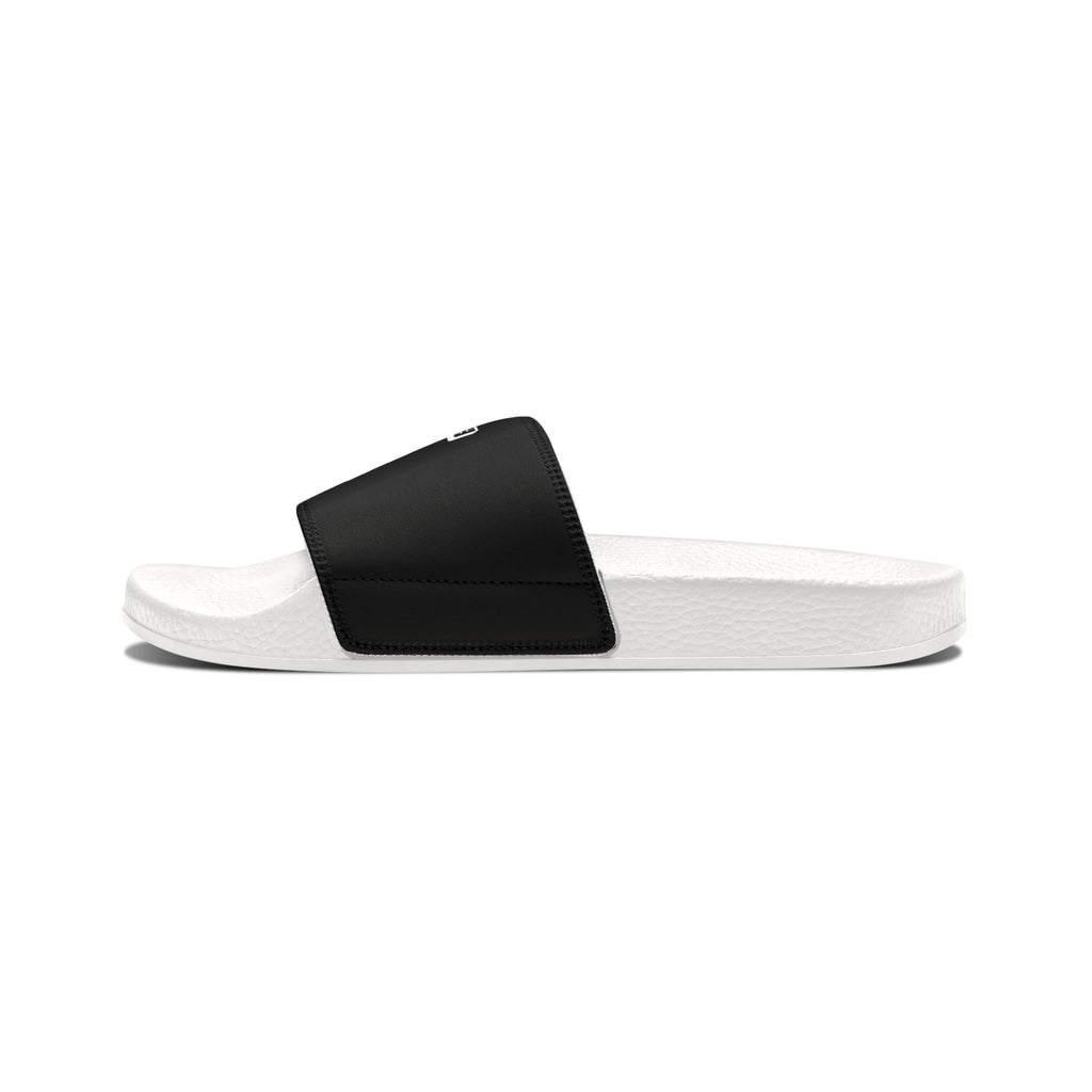 Mens Slide Sandals — Black Strap Slides with Retro "Watch your back" Logo