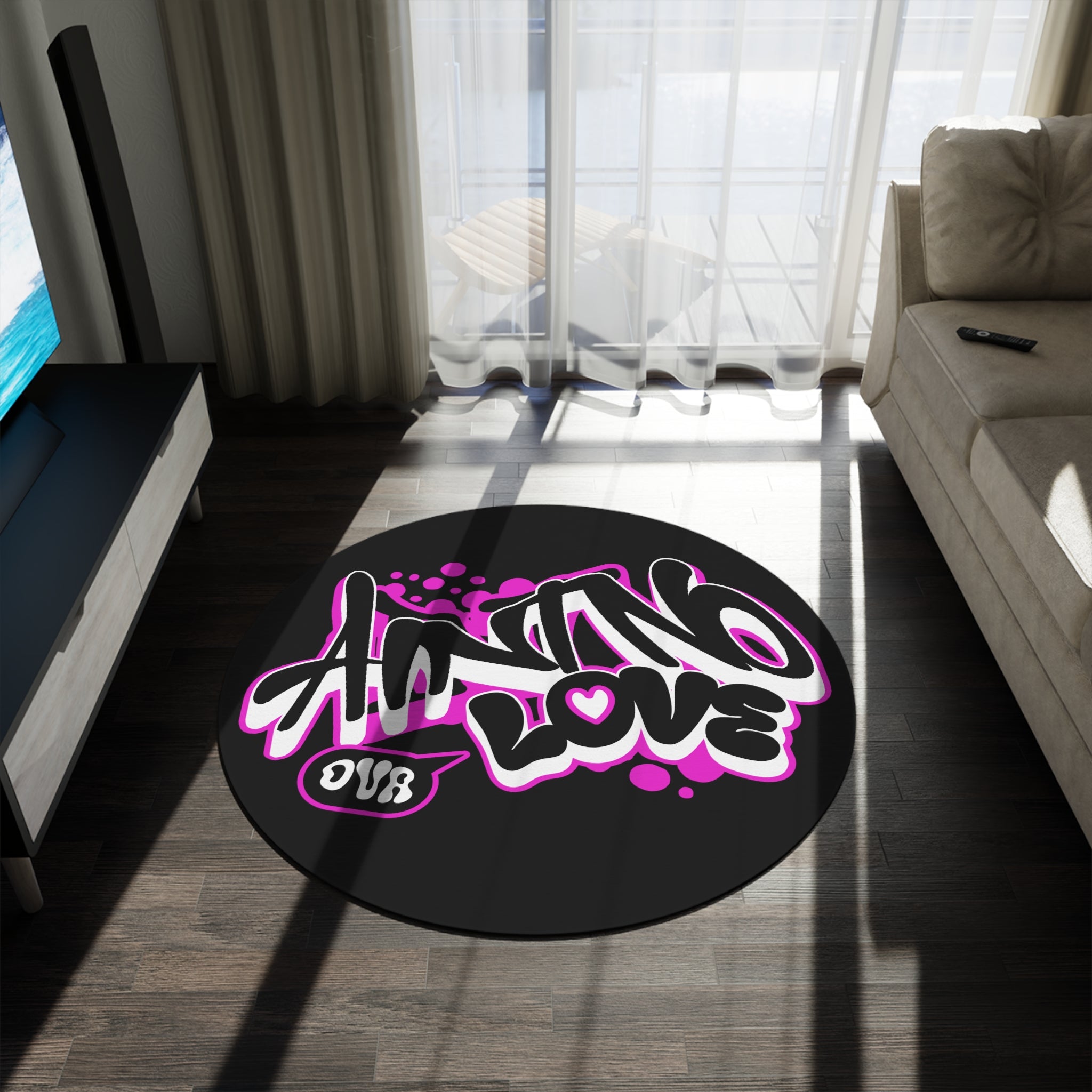 Round Rug — Graffiti "NO LOVE" Design (Black & Pink)