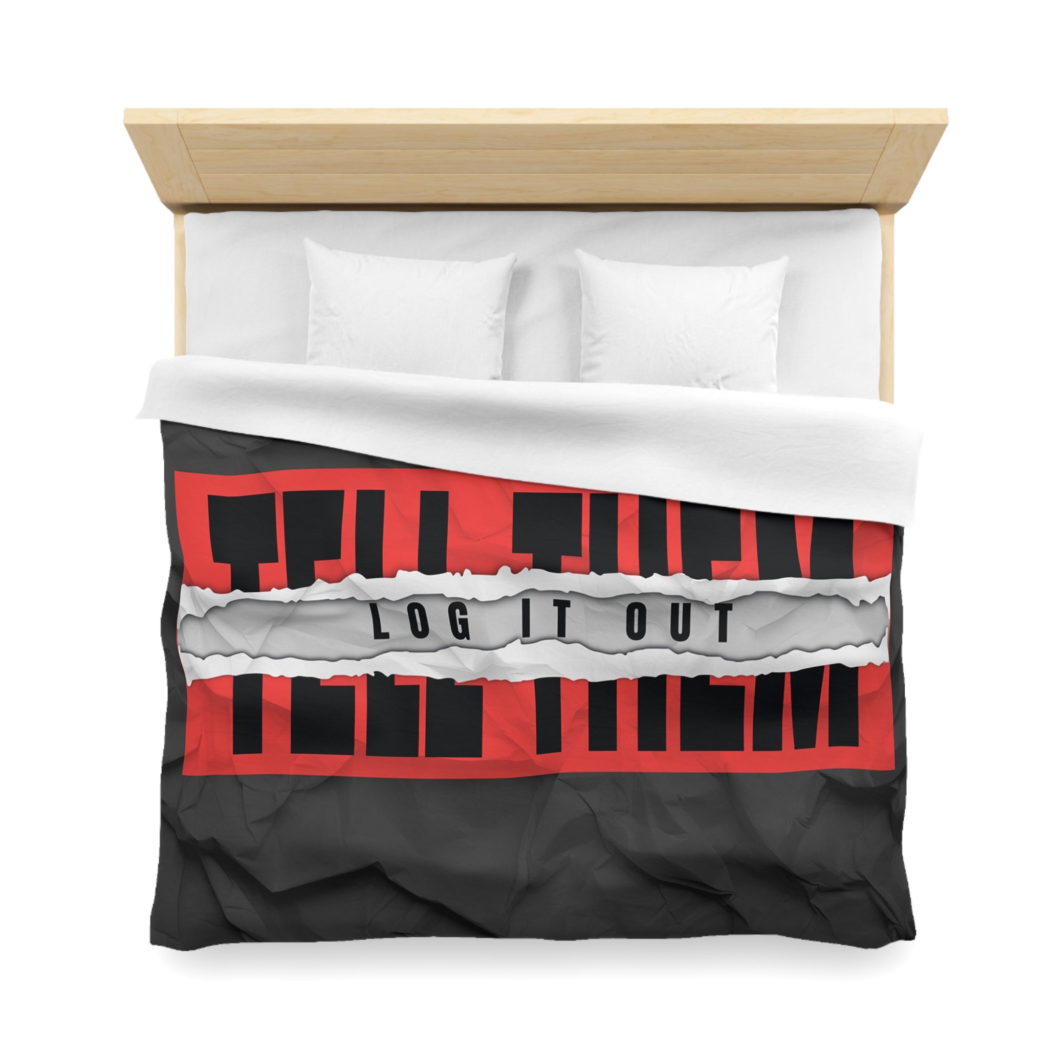 Duvet Cover — Bold 'Log It Out' Graphic Microfiber Duvet (Crinkled Black & Red)
