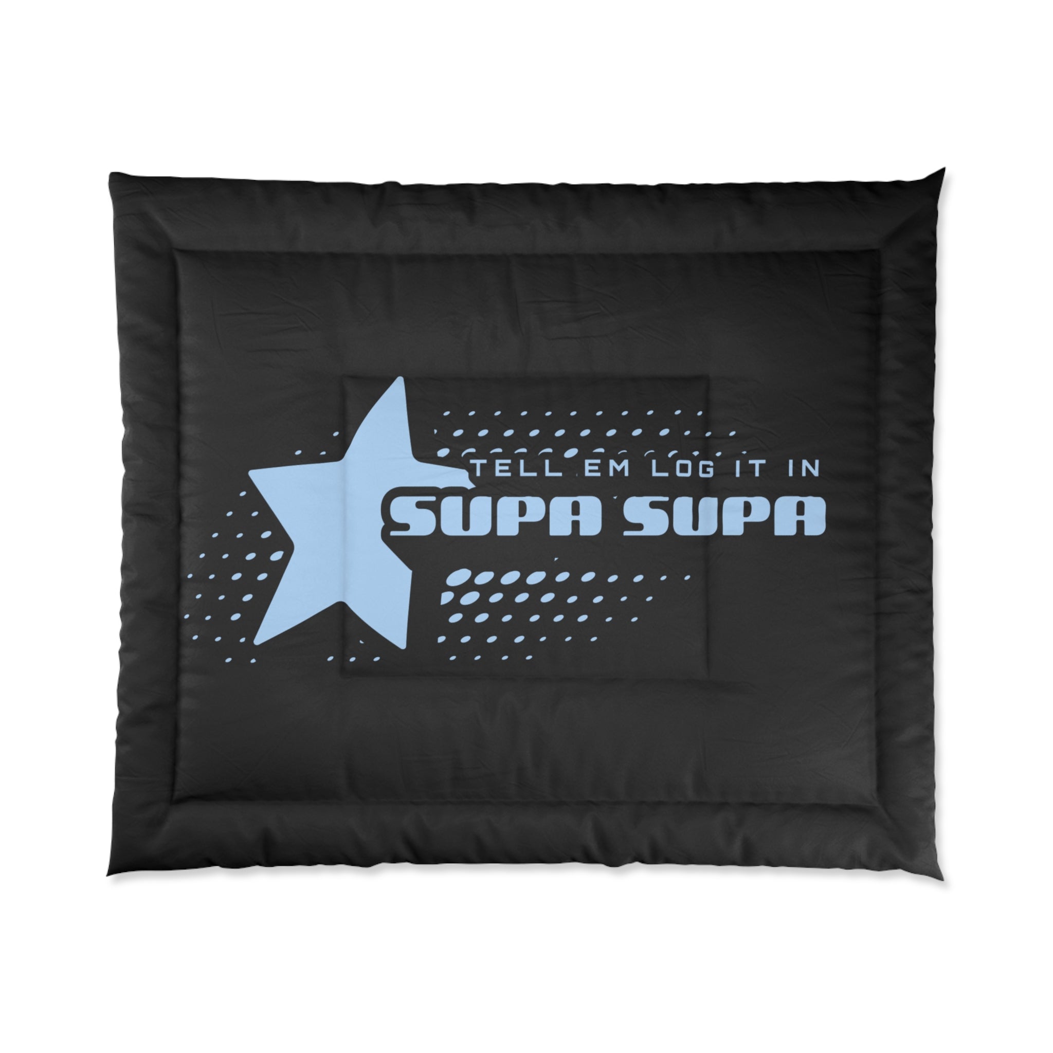 'tell em log it in' Star Comforter – Retro Graphic Black Bedding