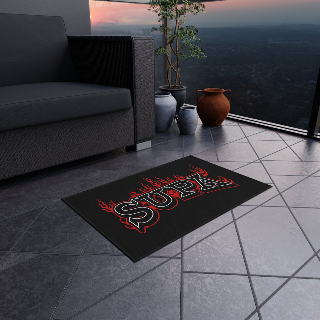 SUPA Flames Outdoor Rug — Black Doormat with Red Flame Graphic