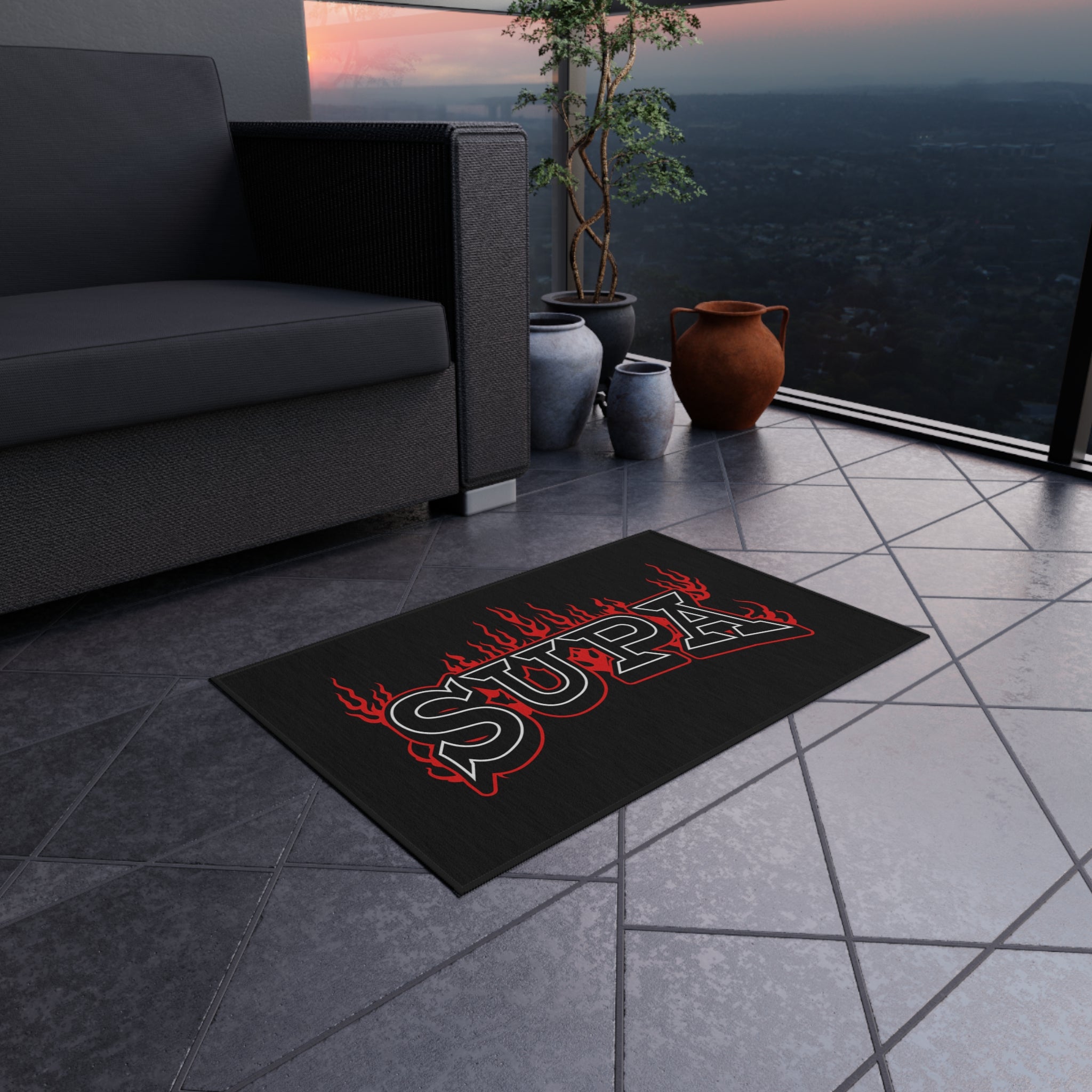 SUPA Flames Outdoor Rug — Black Doormat with Red Flame Graphic