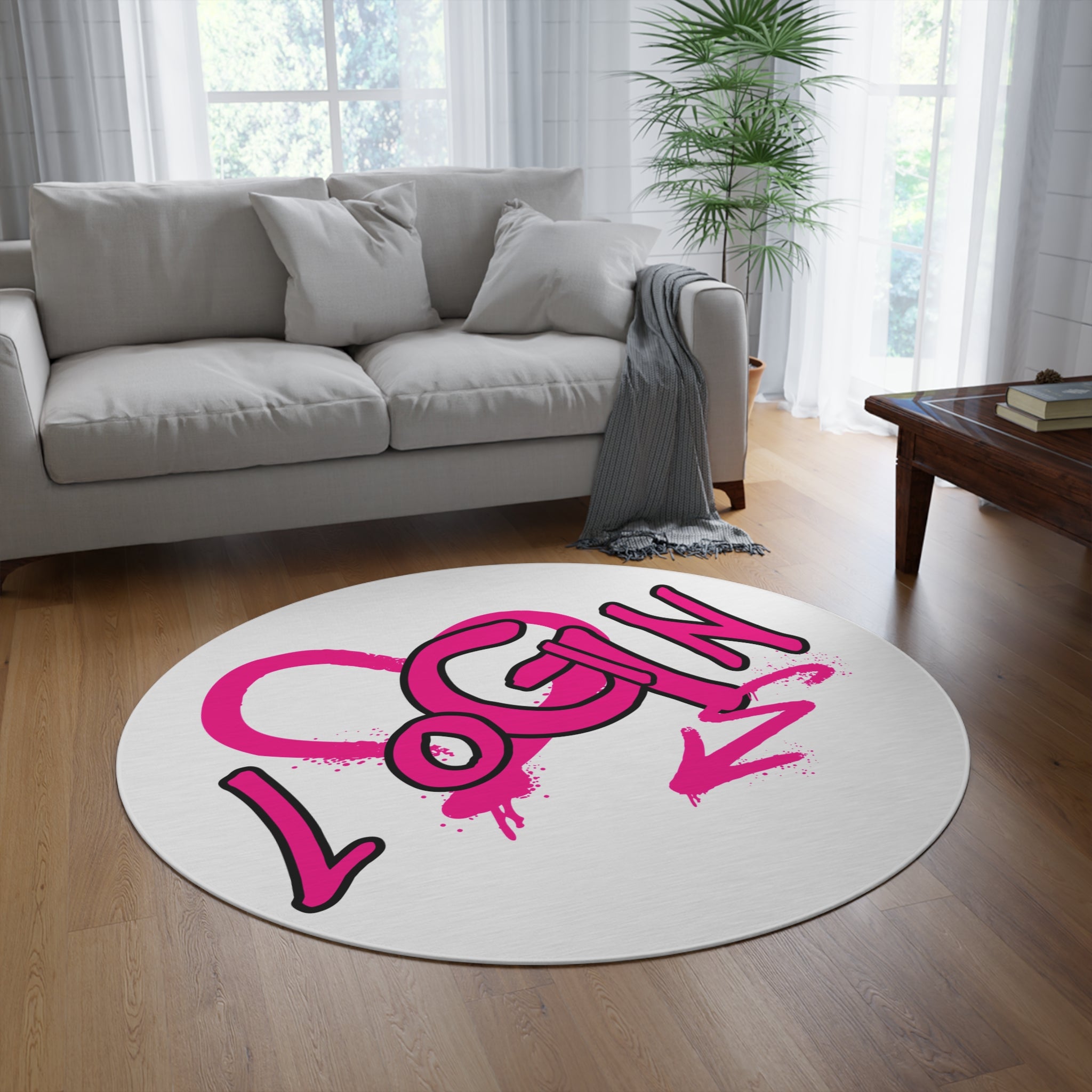 Round Rug — Pink Graffiti "LOGIN" Heart Accent Rug