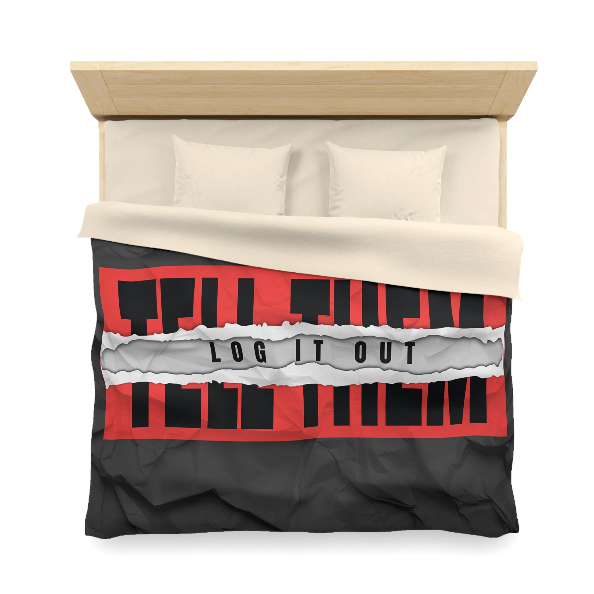 Duvet Cover — Bold 'Log It Out' Graphic Microfiber Duvet (Crinkled Black & Red)
