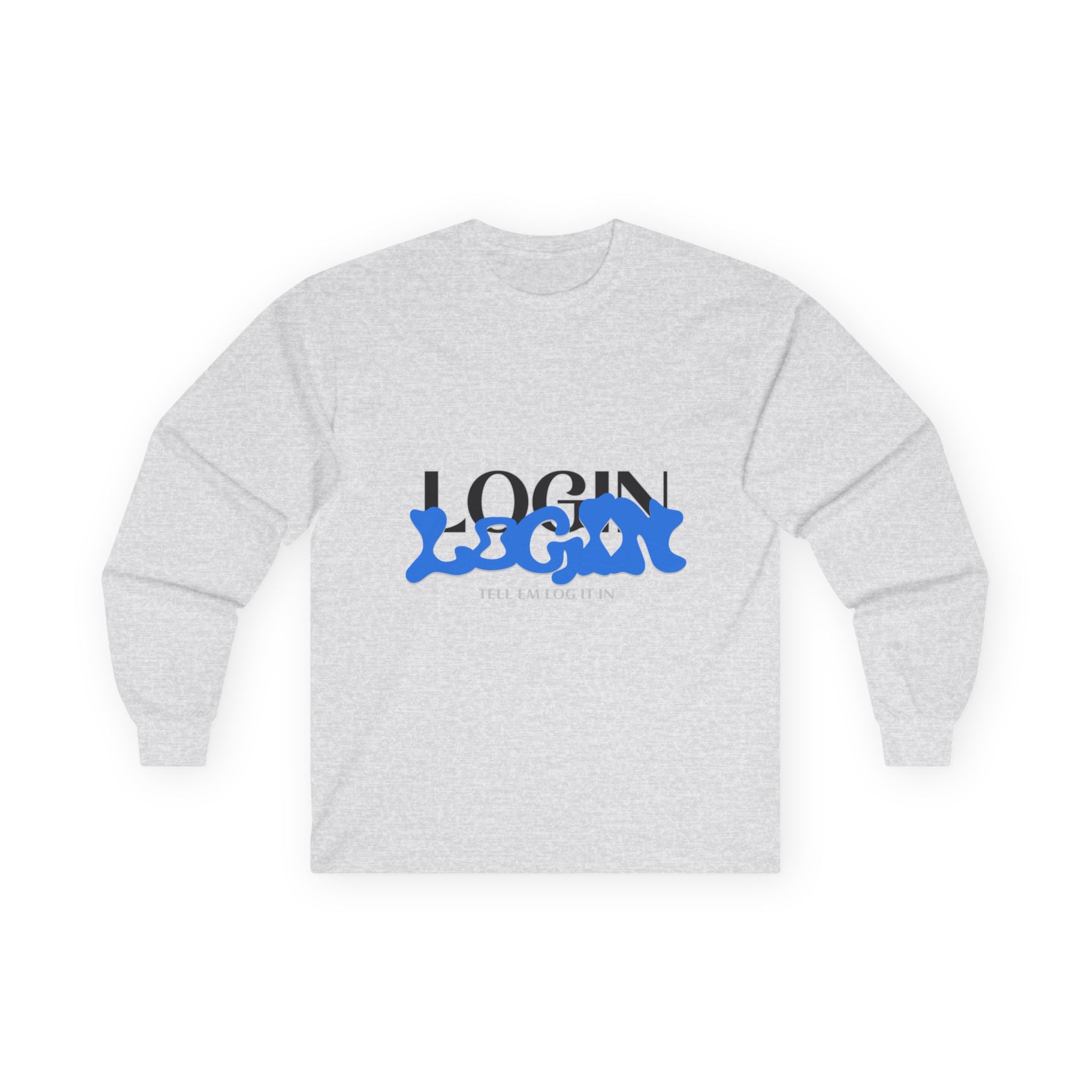 Long Sleeve Tee — "Login" Blue Script Graphic