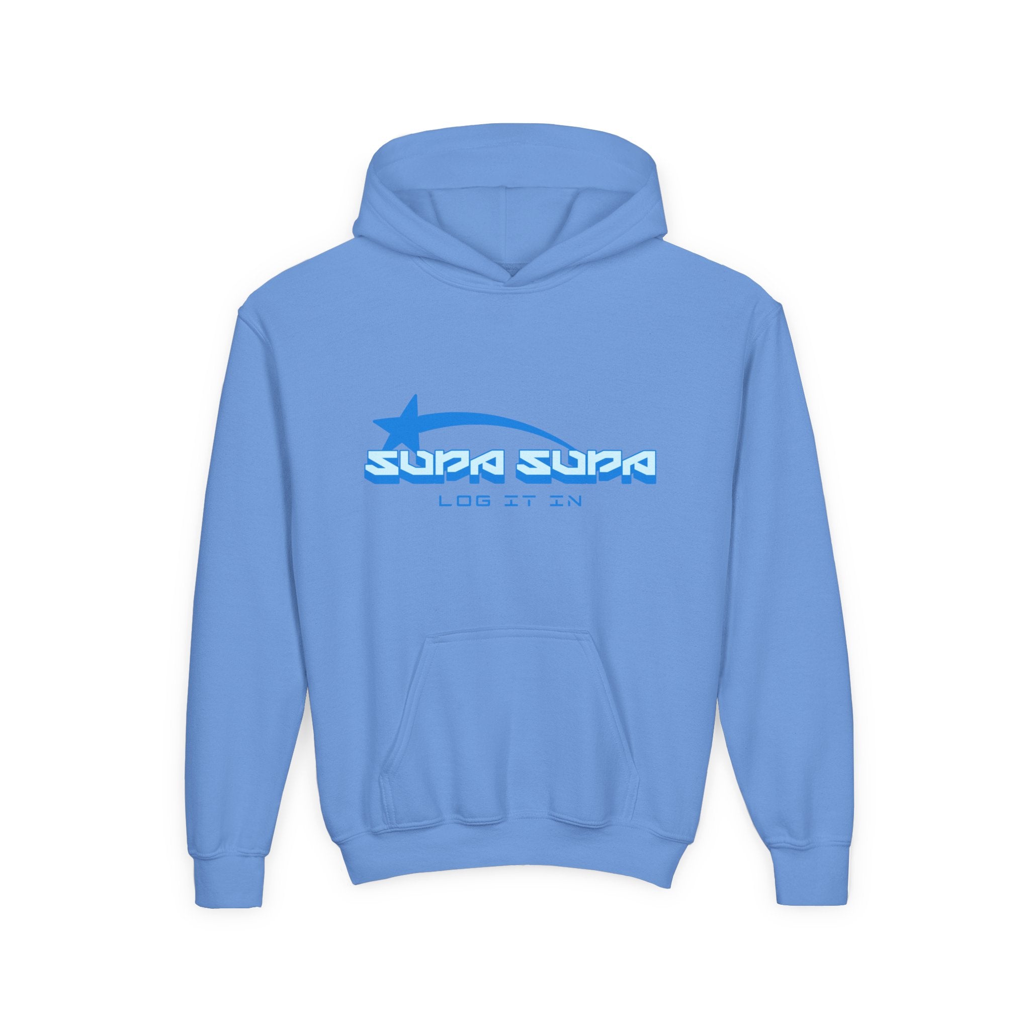 Youth Hoodie - Retro Blue "Supa Supa" Logo "Log It In" Graphic