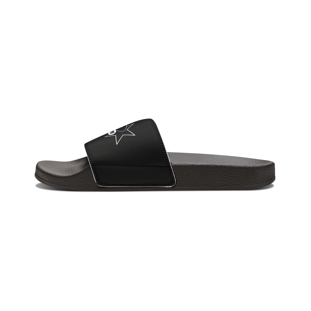 Youth Slide Sandals — Black Removable-Strap Slides with 'Real Proper' Graphic